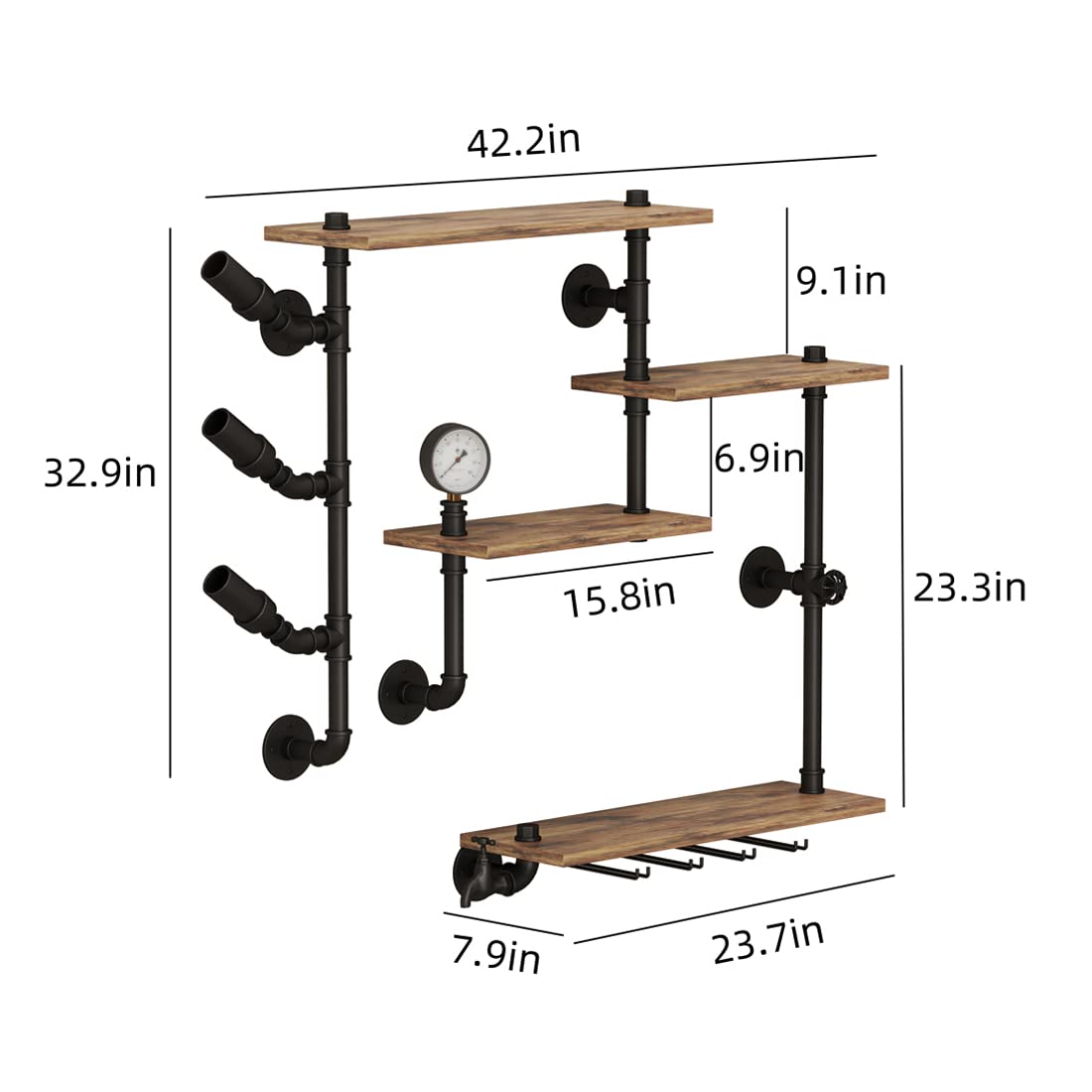 Industrial Pipe Wall Bar Shelves with 4-Tier Rustic Floating Wine Rack & 4 Stem Glass Holders - 42