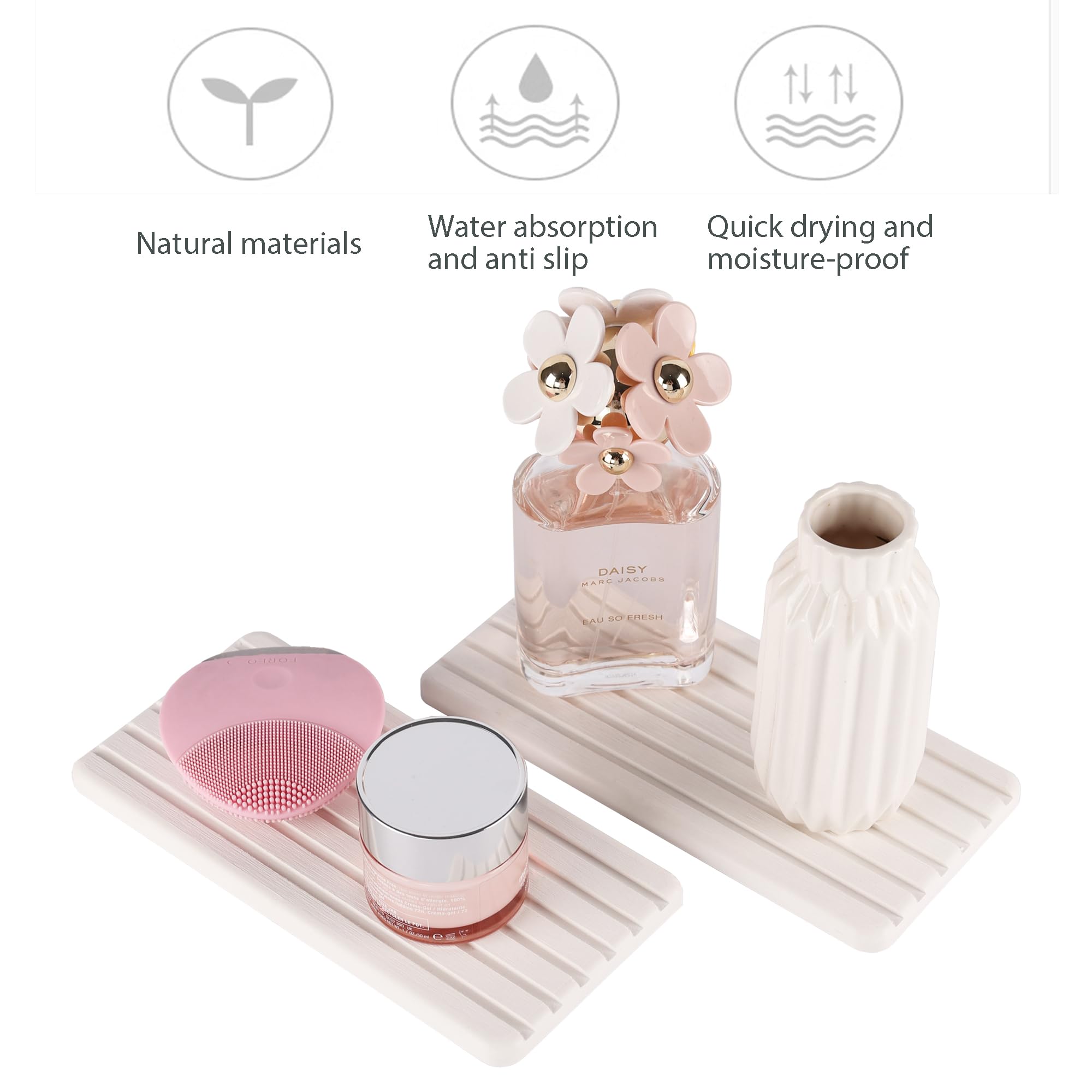 2 PCS Diatomite Coasters - Fast Water Absorbing, Rectangle Grooved Design for Hand Soaps, Plants & Toiletries | Perfect for Modern Home Decor, Kitchen, Bathroom & Office Use