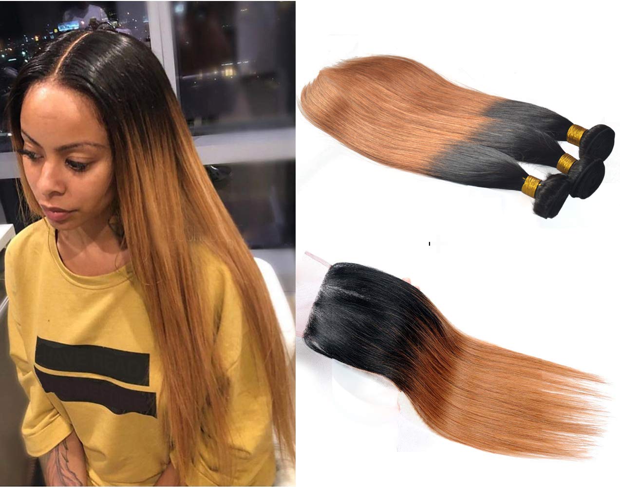 10A Ombre Brazilian Human Hair Bundles with Closure (14 16 18 + 12 Inch) - 3 Bundles Straight Remy Hair Weave in 3-Tone Black to Brown to Auburn - 100g/Bundle for Natural Look & Daily Styling