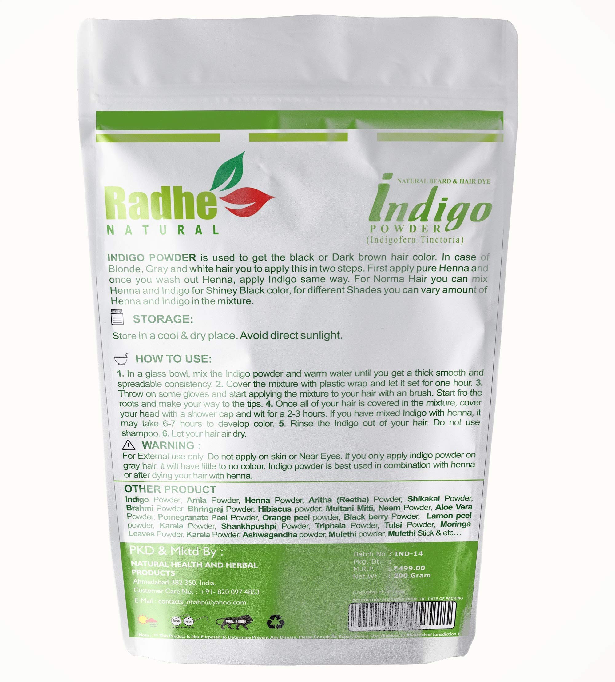 Organic Radhe Natural Indigo Powder for Hair & Beard Dye - 200g | Chemical-Free Black Hair Color | Perfect for DIY Hair Coloring & Natural Beauty Care