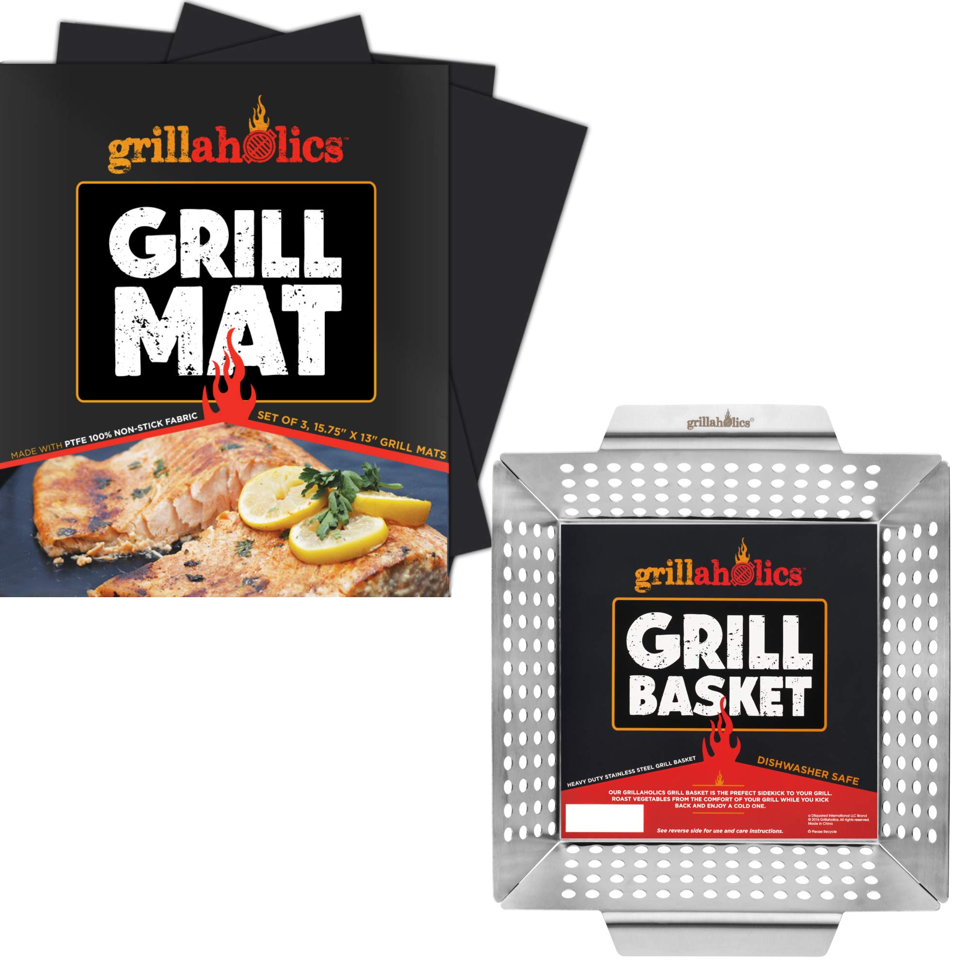 Grillaholics Non Stick BBQ Grill Mats for Vegetables - Set of 2 with Grilling Basket - Perfect for Outdoor Cooking, Camping & Backyard BBQ Parties