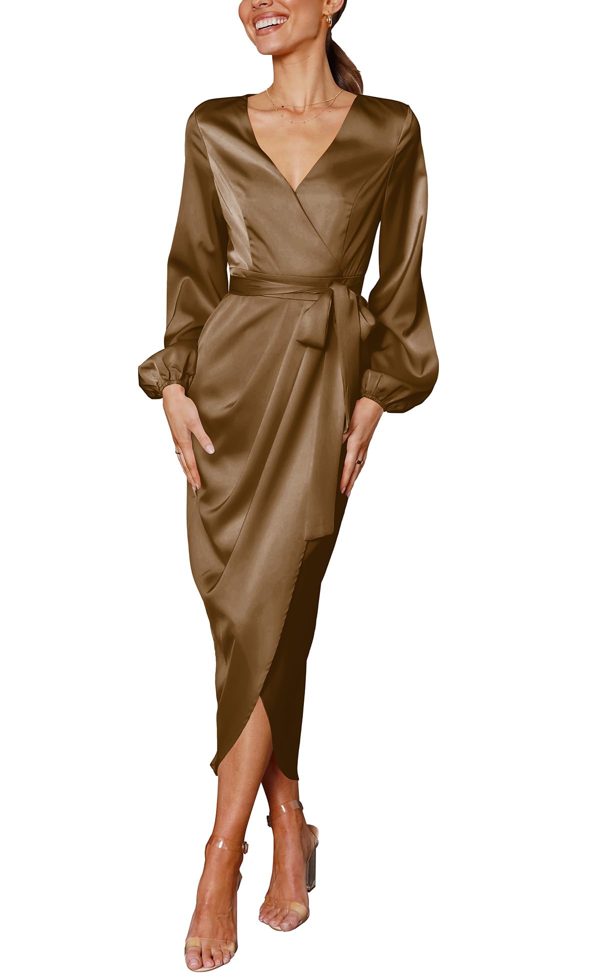 Elegant Women's Long Sleeve V-Neck Tie Waist Split Formal Cocktail Dress for Wedding Guest, Party, Evening Gown & Special Occasions