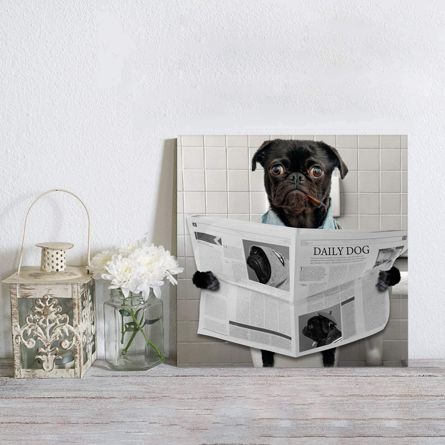 Funny Pug Reading Newspaper in Toilet Canvas Wall Art - 24x24 Inch Framed Bathroom Decor, Ready to Hang for Kitchen & Bedroom - Perfect for Humor Lovers & Pet-Themed Home Decor