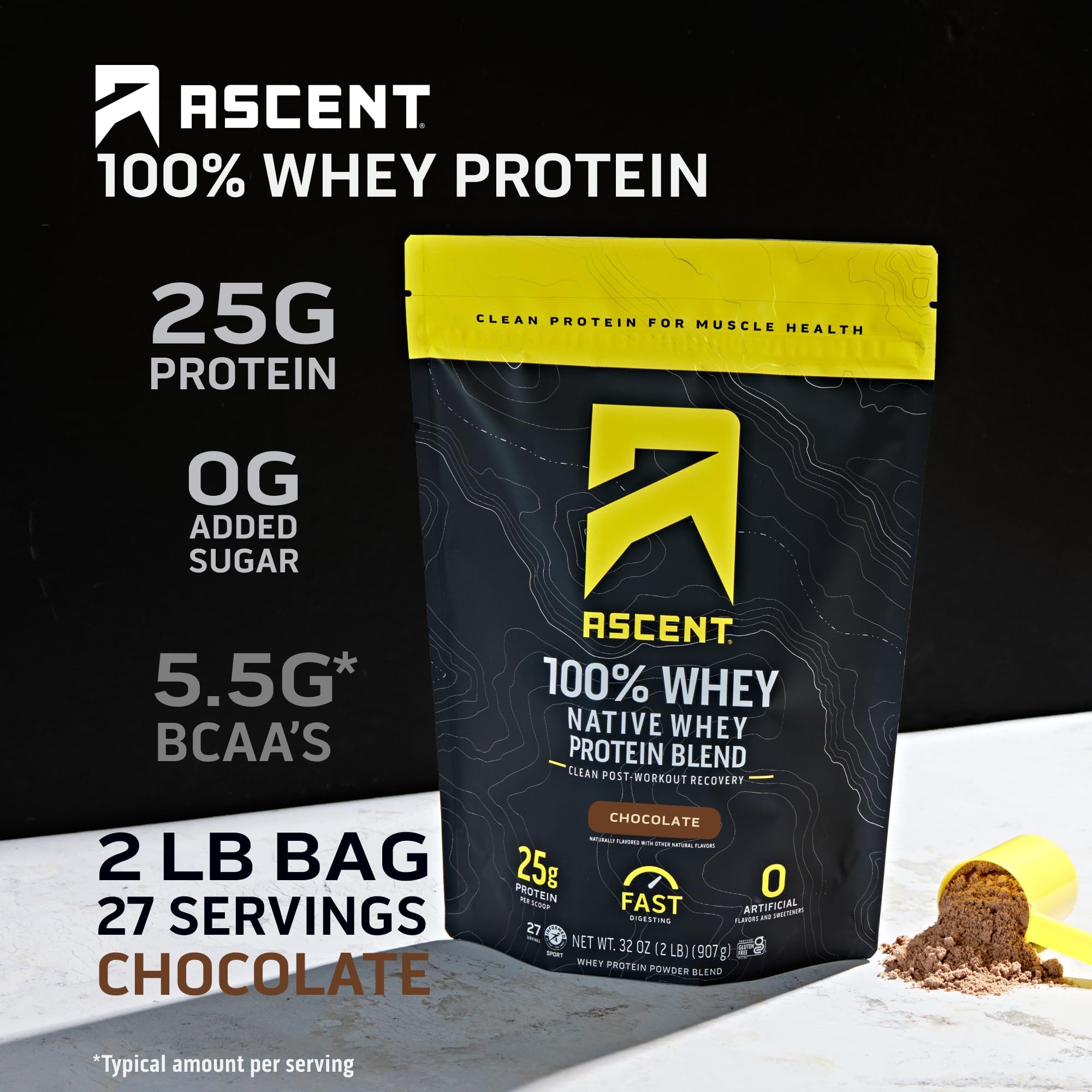 Ascent 100% Whey Protein Powder - Post Workout Whey Protein Isolate for Muscle Recovery, Zero Artificial Flavors & Sweeteners, Gluten Free, 5.5g BCAA, 2.6g Leucine, Essential Amino Acids, Chocolate Flavor 2 lb - Ideal for Gym, Fitness & Weight Loss