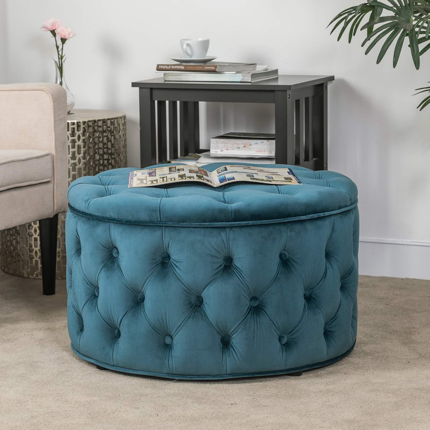 Homebeez 28 Inch Velvet Round Storage Ottoman with Button Tufted Design - Multi-Functional Footrest Stool, Bench & Coffee Table for Living Room, Bedroom or Nursery (Dark Teal) | Perfect for Extra Seating, Storage & Home Decor