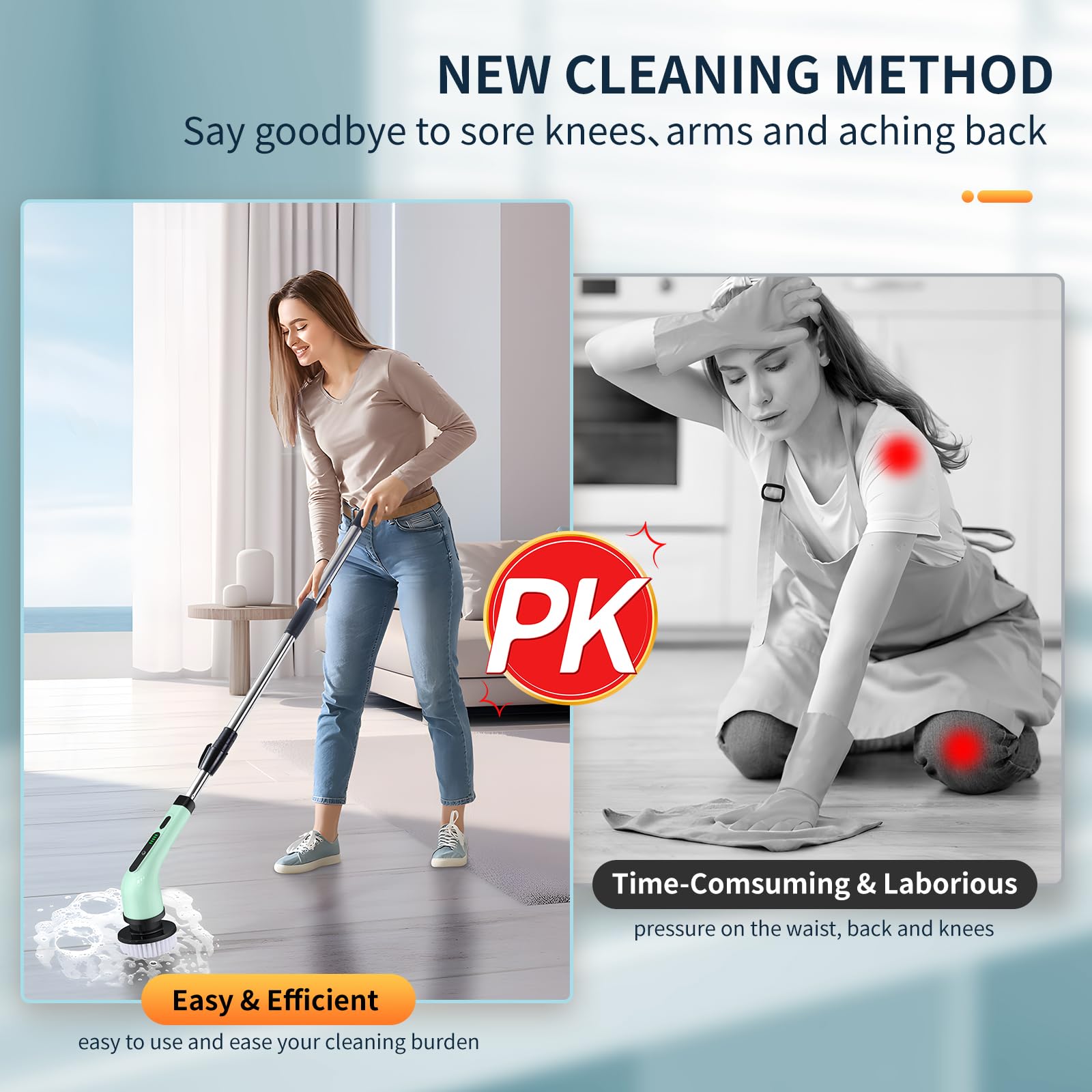 Cordless Electric Spin Scrubber - Powerful Bathroom & Shower Cleaner with 9 Replaceable Brush Heads for Tub, Tile, Floor, Kitchen, Window & Car Cleaning - Long Handle Rechargeable Cleaning Brush for Deep Scrubbing