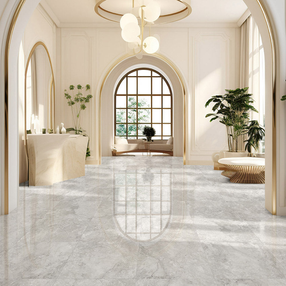Premium Cantabria Grey 600x600 Polished Porcelain Tiles - Travertine Look Floor & Wall Tiles for Bathroom, Kitchen & Living Room Renovation