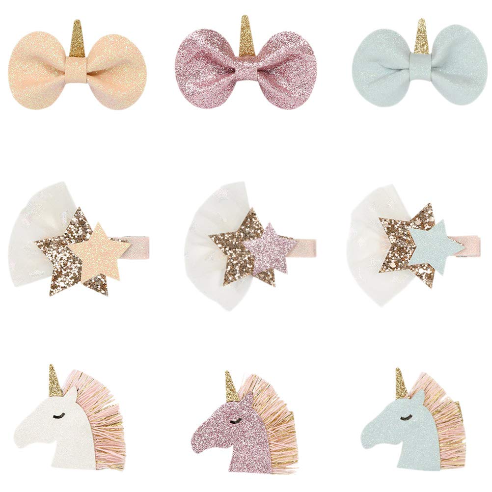 Unicorn Hair Clips for Girls - 9PCS Bowknot Hairpins for Party Gifts & Daily Wear