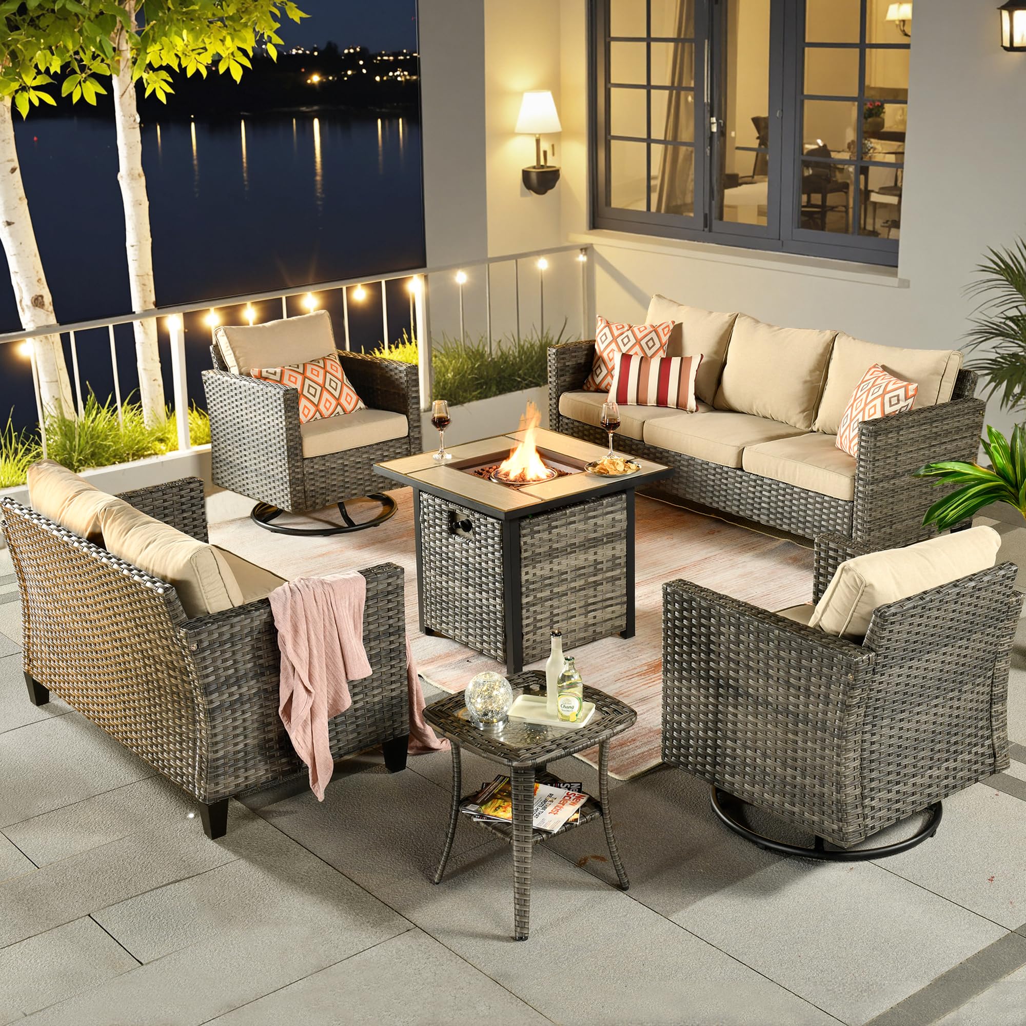 6-Piece Outdoor Patio Furniture Set with Square Fire Pit Table, Swivel Rocking Chairs & Loveseat - High Back Wicker Rattan Conversation Set for Deck, Porch, Backyard (Beige) | Perfect for Entertaining, Relaxing & Outdoor Gatherings
