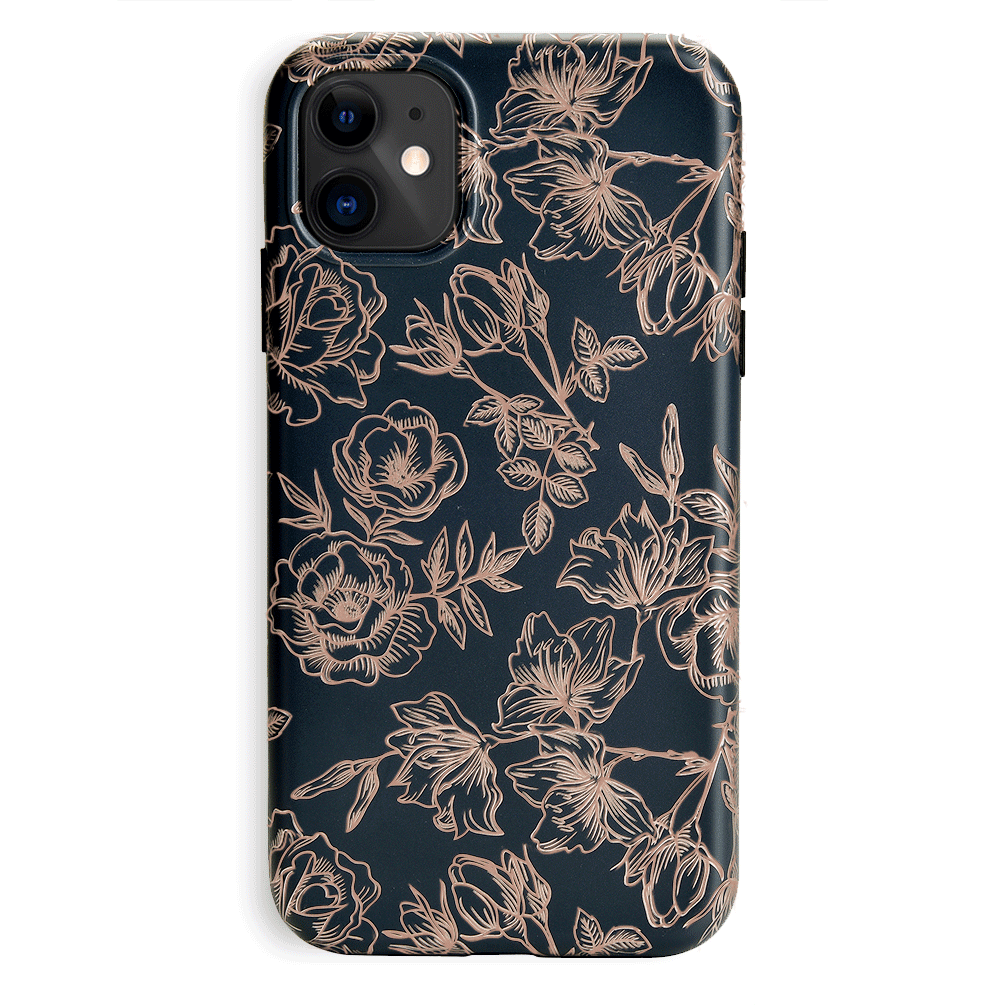 Elegant Floral Rose Gold Chrome iPhone Case - Stylish Protective Cover for iPhone 13/12/11/X - Perfect for Everyday Use, Office & Special Occasions