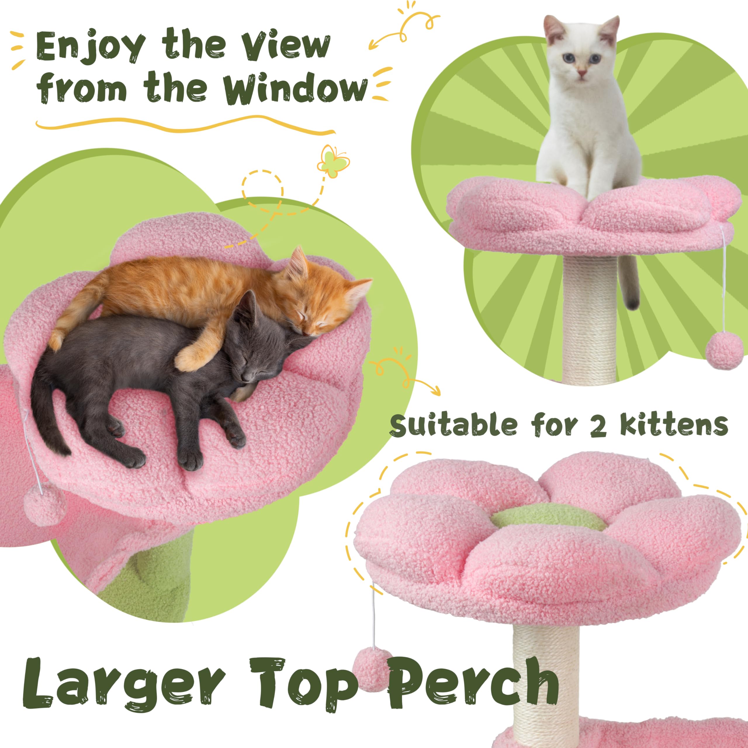 **33'' Pink Cat Tree with Hanging Toys & Flower Design - Sturdy Indoor Cat Condo for Kittens & Adult Cats - Perfect for Small Spaces & Playtime**