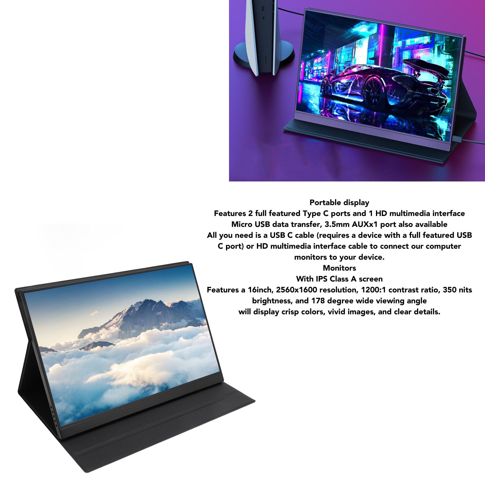 16 Inch Portable Monitor with 2560x1600 Resolution, 1200:1 Contrast Ratio - Vivid External Second Screen for Laptop - Perfect for Work, Gaming & Travel