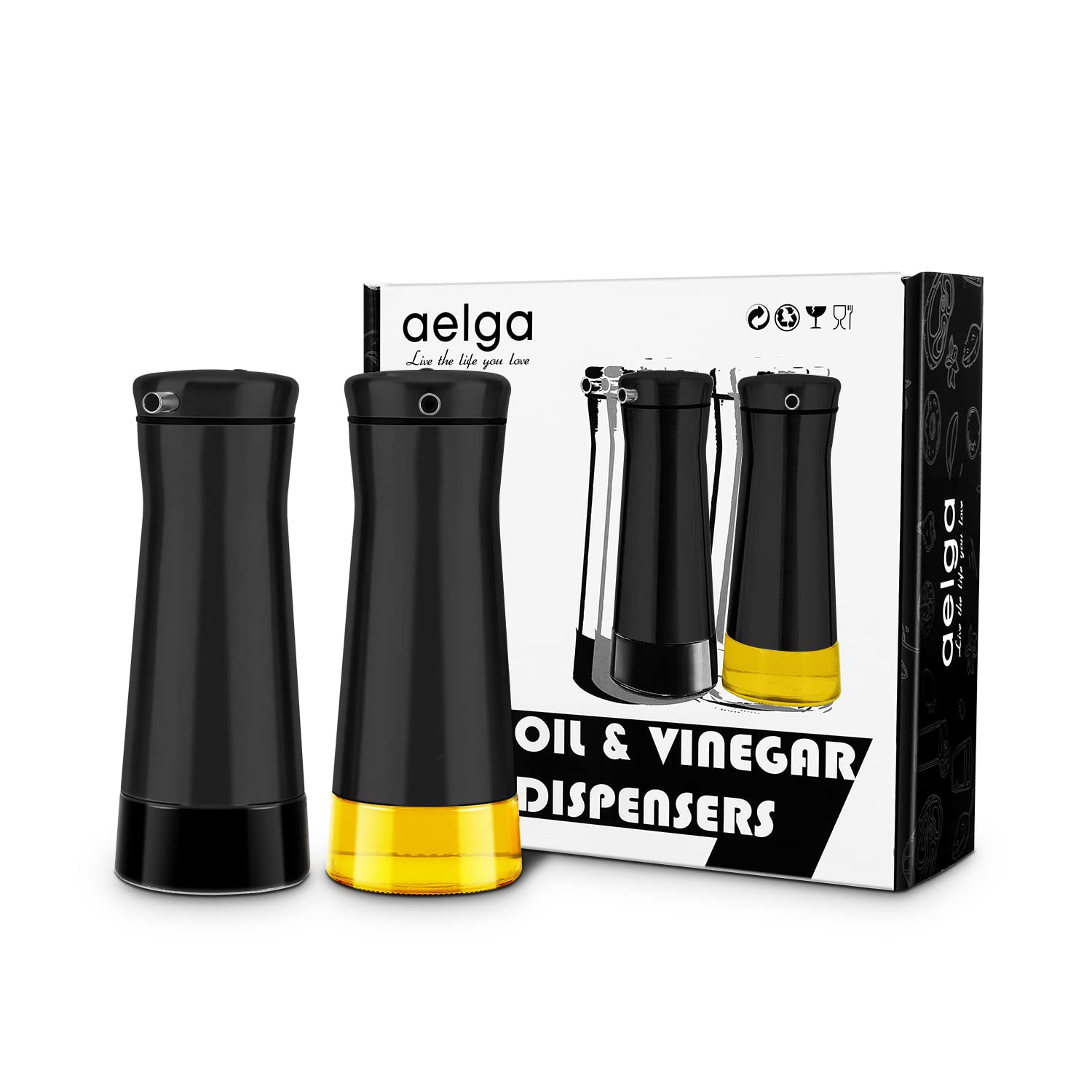 Premium Black Oil and Vinegar Dispenser Set - 2 Pack No-Drip Glass Bottles for Kitchen, Home, Restaurants & Weddings - Elegant Kitchen Decor & Accessories for Cooking, Salad Dressing & Entertaining
