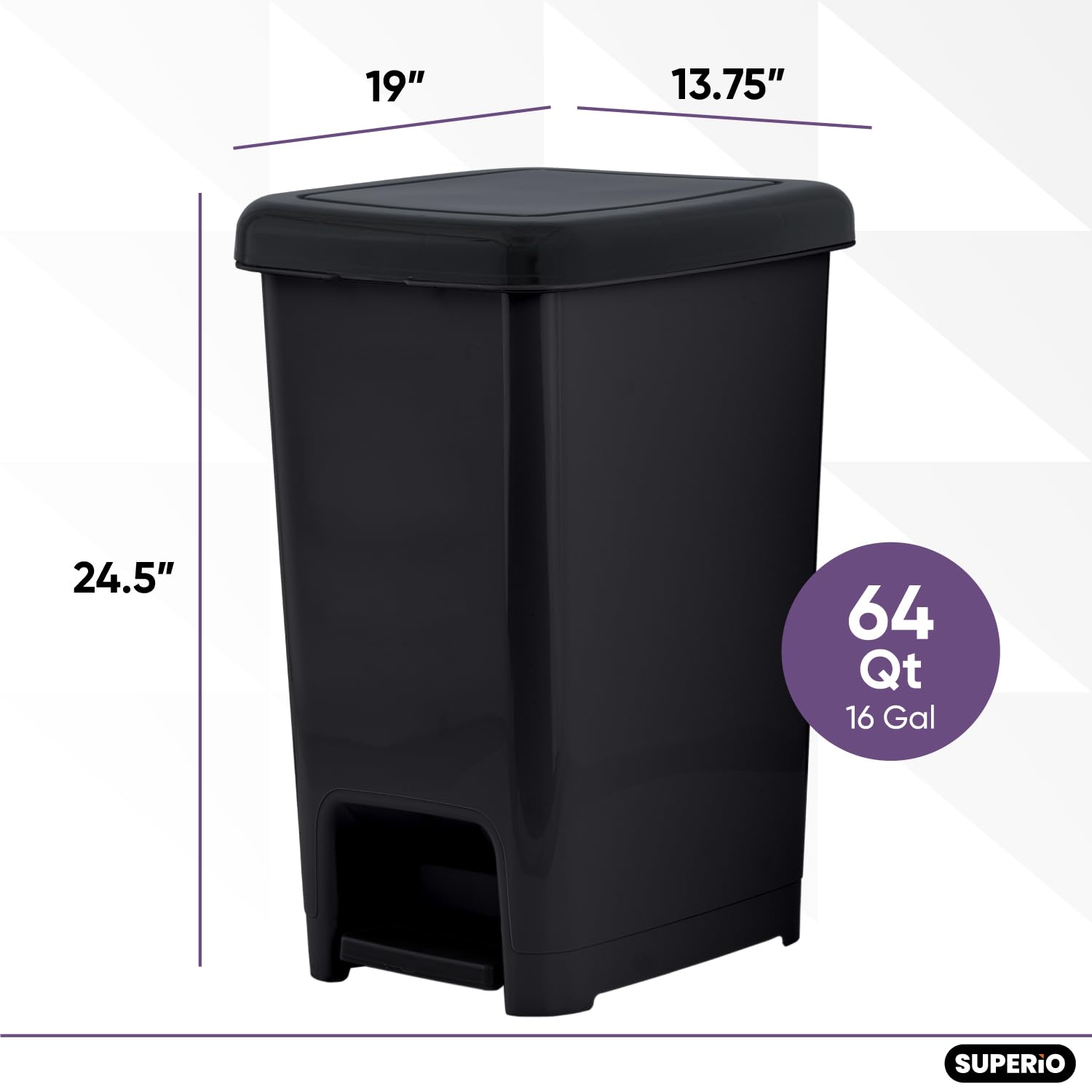 Superio 64 Qt Slim Step-On Pedal Trash Can - 16 Gallon Black Kitchen & Home Garbage Bin with Durable Metal Pedal | Perfect for Under Sink, Office, Bathroom & Outdoor Waste Disposal