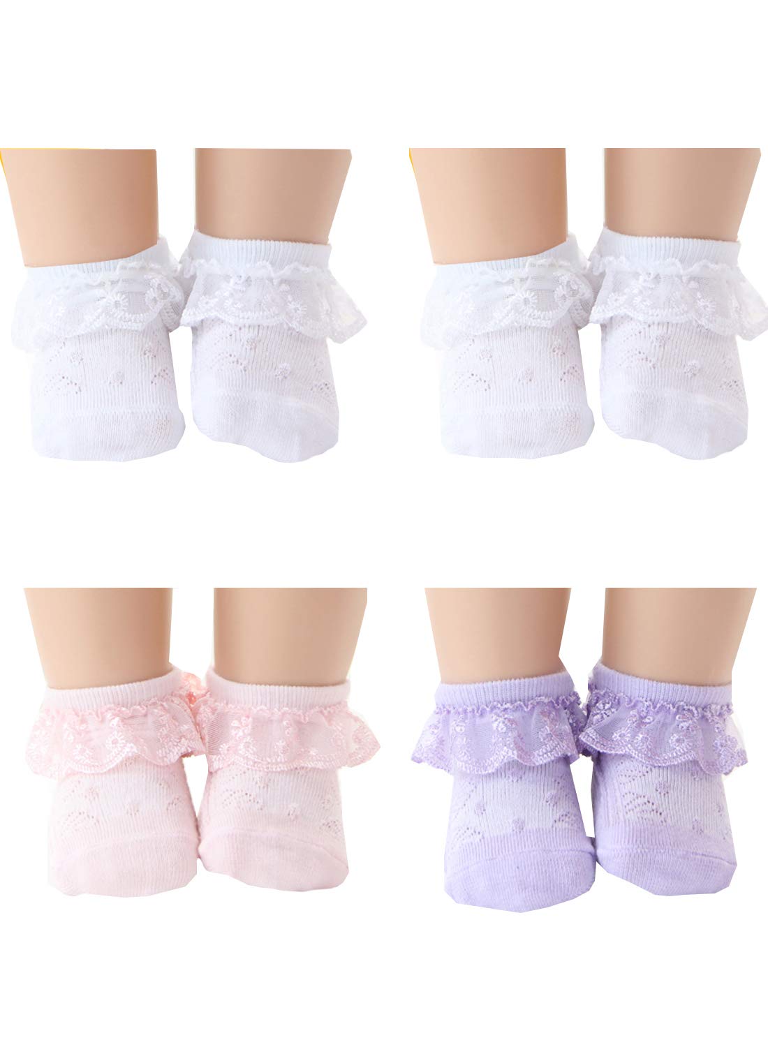 4 Pack Baby Toddler Girls Lace Cotton Socks with Eyelet Frilly Trim (0-8 Years) - Soft & Breathable for Everyday Wear, Playtime & Special Occasions