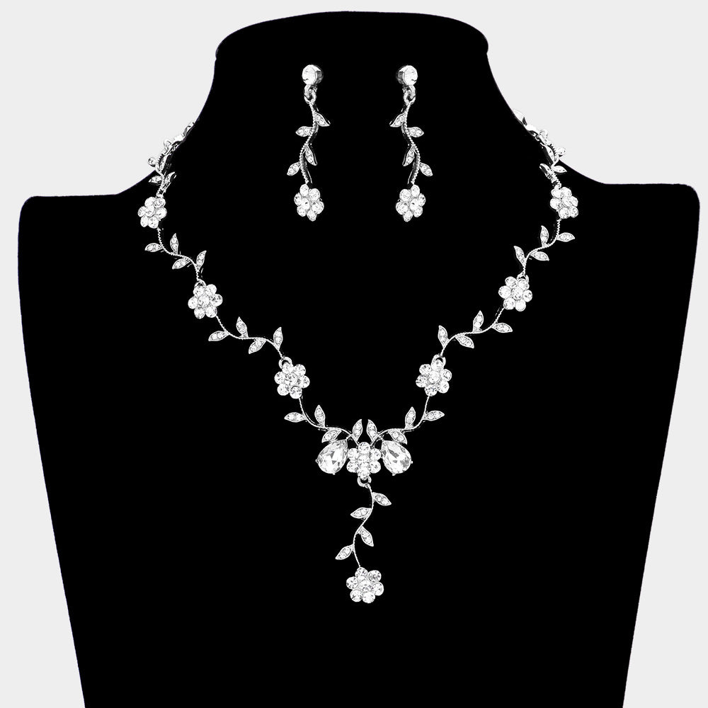 Elegant Clear Crystal Floral Vine Prom Necklace Set for Women - Evening Party Jewelry Accessories - Perfect for Prom, Wedding, and Formal Events