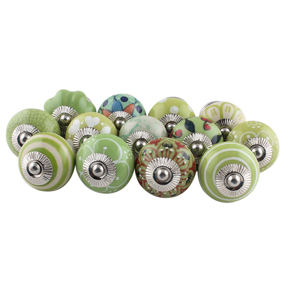 Ceramic Drawer Knobs - Pack of 15 Green Cabinet Pulls for Kitchen & Dresser