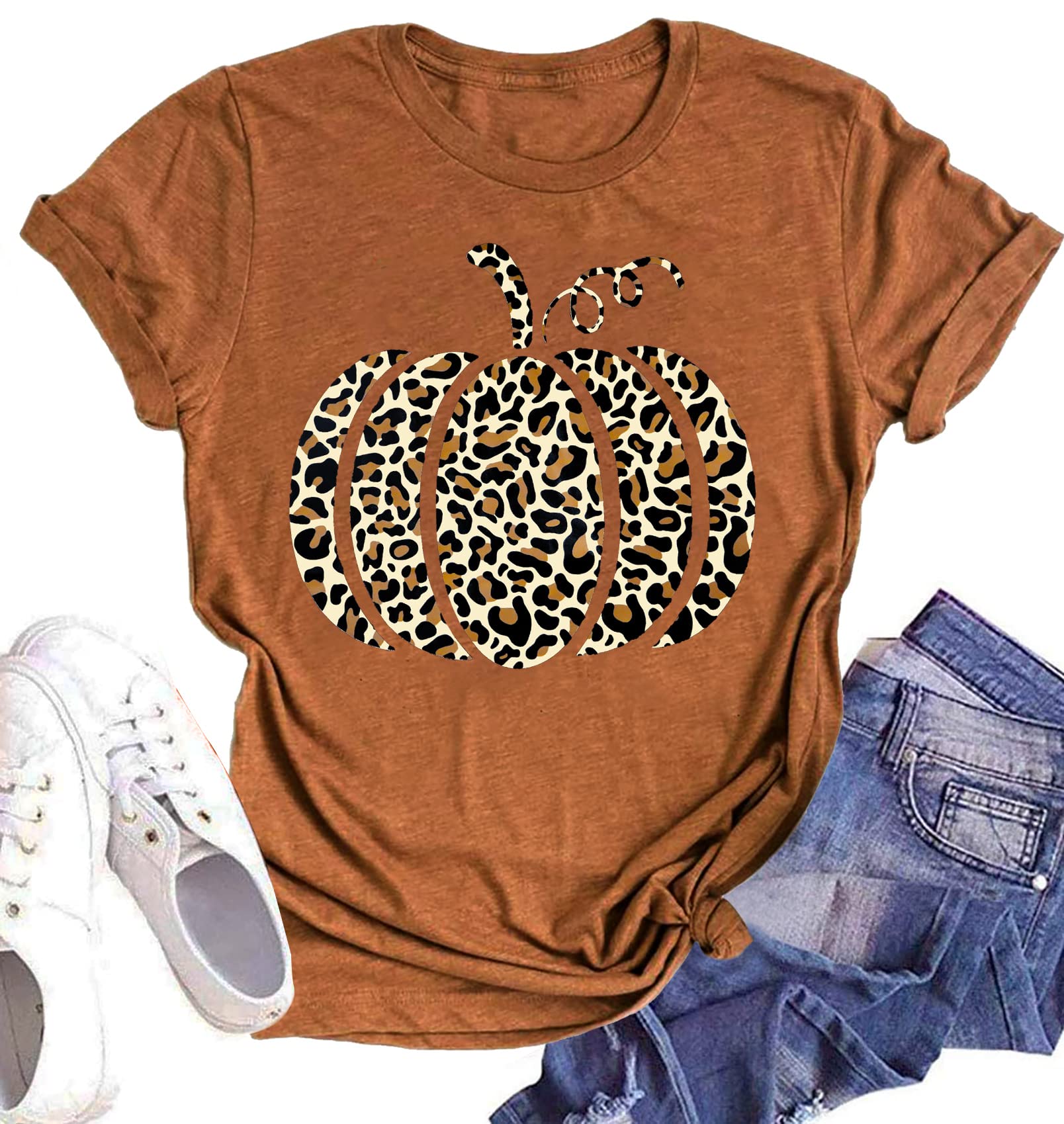 Halloween Pumpkin Shirt for Women - Leopard Print Graphic Tee Short Sleeve Fall T-Shirt | Thanksgiving Gift Top | Casual Outfit for Halloween Party, Autumn Festival & Thanksgiving Celebration