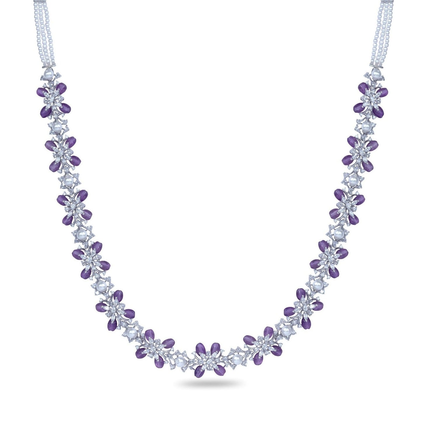 Lavender Beaded Pearl Necklace for Women - Floral CZ Crystal Long Chain Jewelry - Perfect for Weddings, Parties & Evening Events