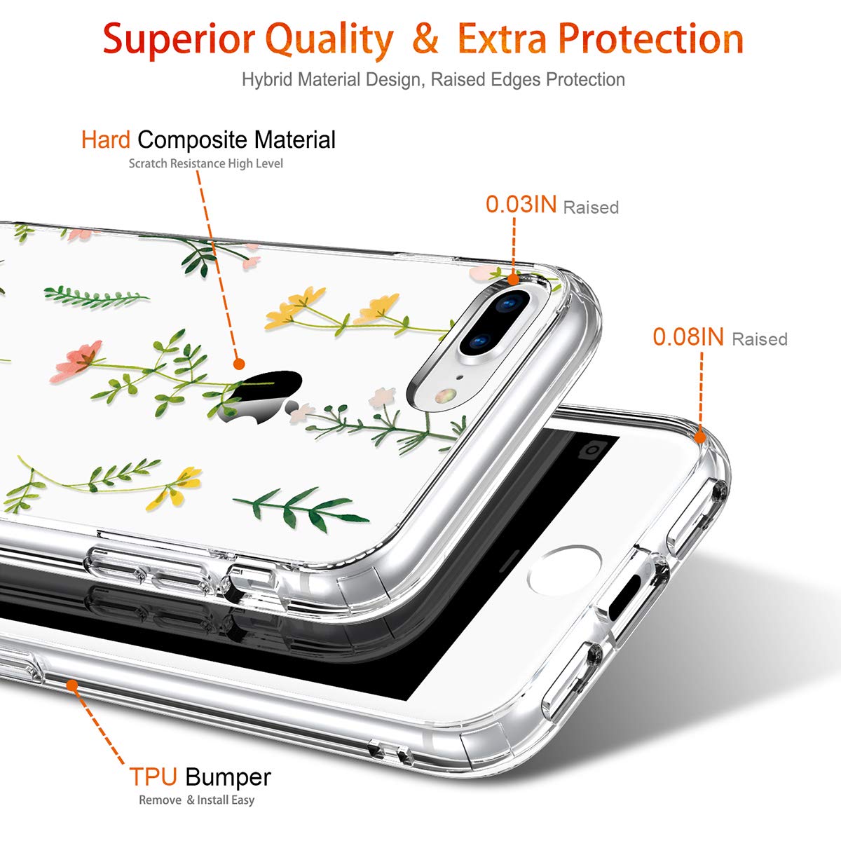 GiiKa Clear Heavy Duty Protective Case for iPhone 8 Plus/7 Plus with Screen Protector - Floral TPU Bumper Cover for Women & Girls | Perfect for Outdoor Activities, Work & Daily Use