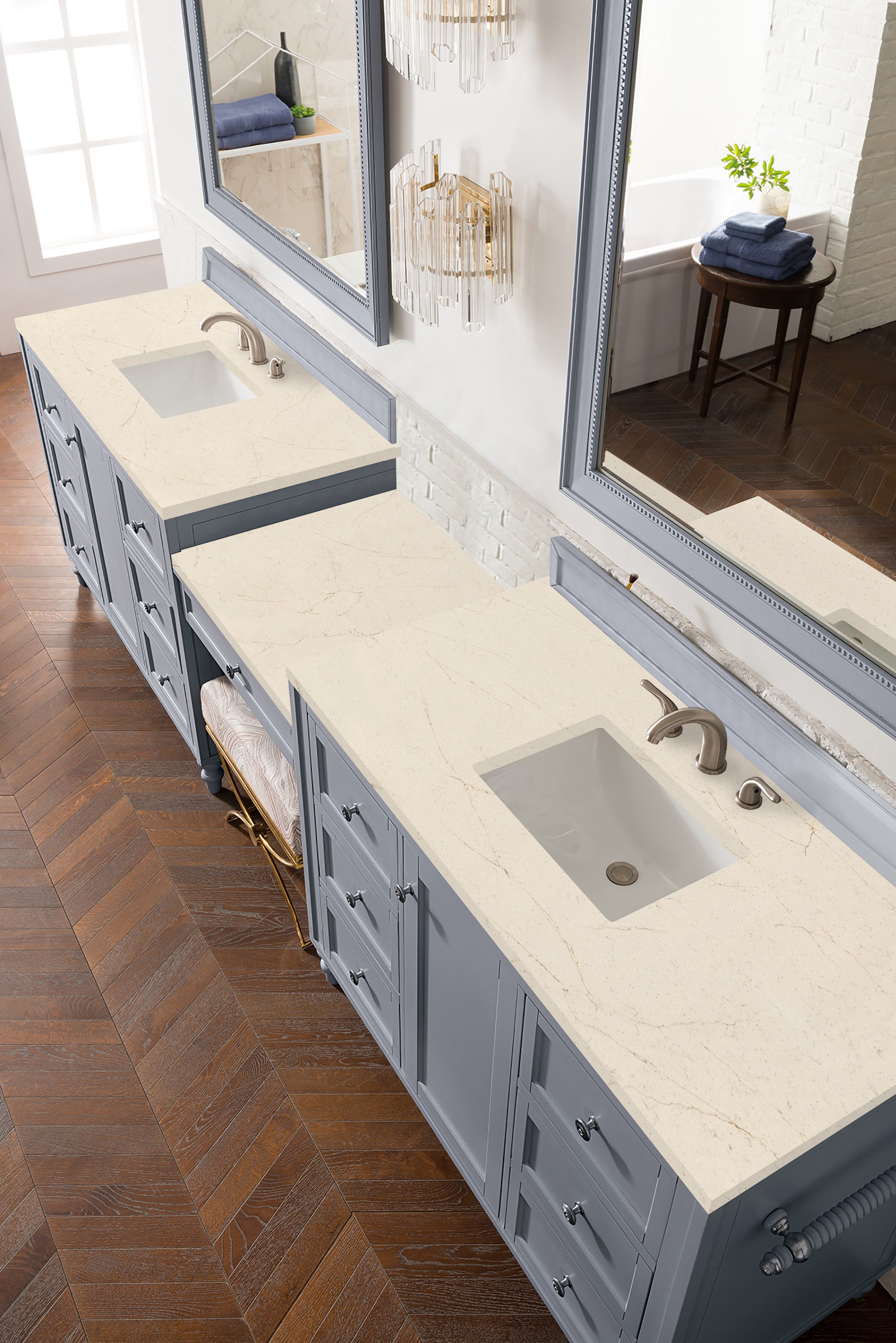 Copper Cove Encore 122 Double Vanity Set with Makeup Table - Silver Gray Finish & 3CM Eternal Marfil Quartz Top | Modern Bathroom Vanity for Master Bath, Guest Bath & Powder Room