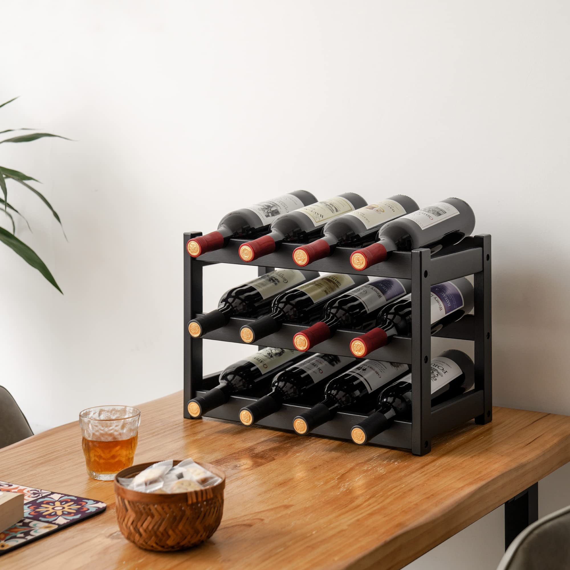 VASMIA 3-Tier Bamboo Wine Rack - Holds 12 Bottles, Sturdy & Durable Wine Storage Cabinet for Kitchen, Pantry, Bar Countertop - Black | Perfect for Home Entertaining, Wine Cellar Organization & Space Saving Storage