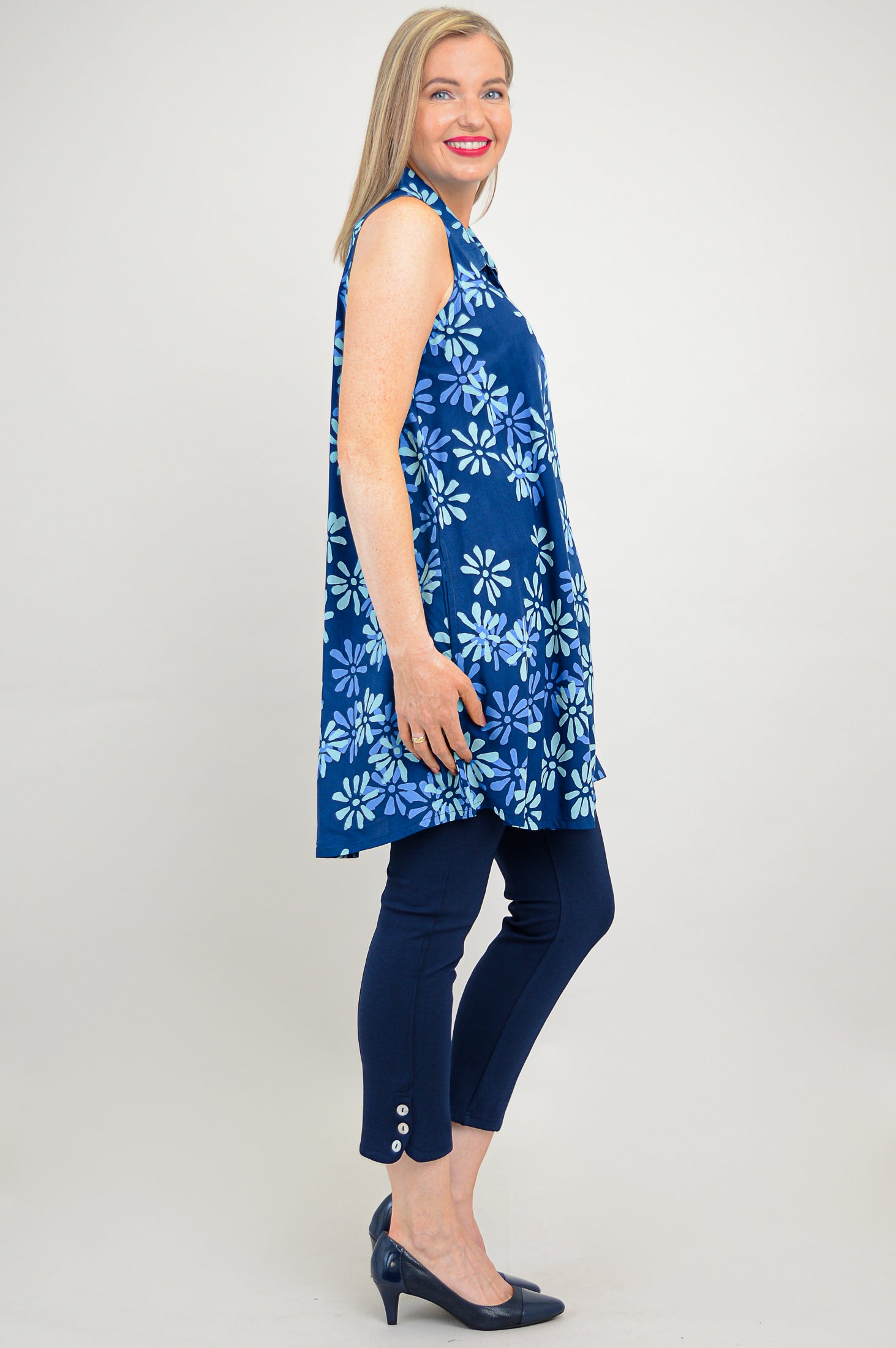 Cissy Tank Top for Women - Daisy Cobalt Blue Floral Print Summer Casual Shirt | Perfect for Beach Outings, Yoga, and Everyday Wear