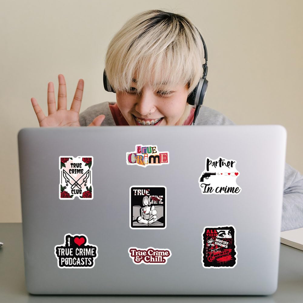 128Pcs True Crime Stickers Pack - Aesthetic Vinyl Waterproof Decals for Water Bottles, Laptops, Phones & Skateboards | Perfect for Scrapbooking, Party Supplies & Gifts for Teens & Adults | Great for DIY Projects, Journaling & Personalizing Accessories
