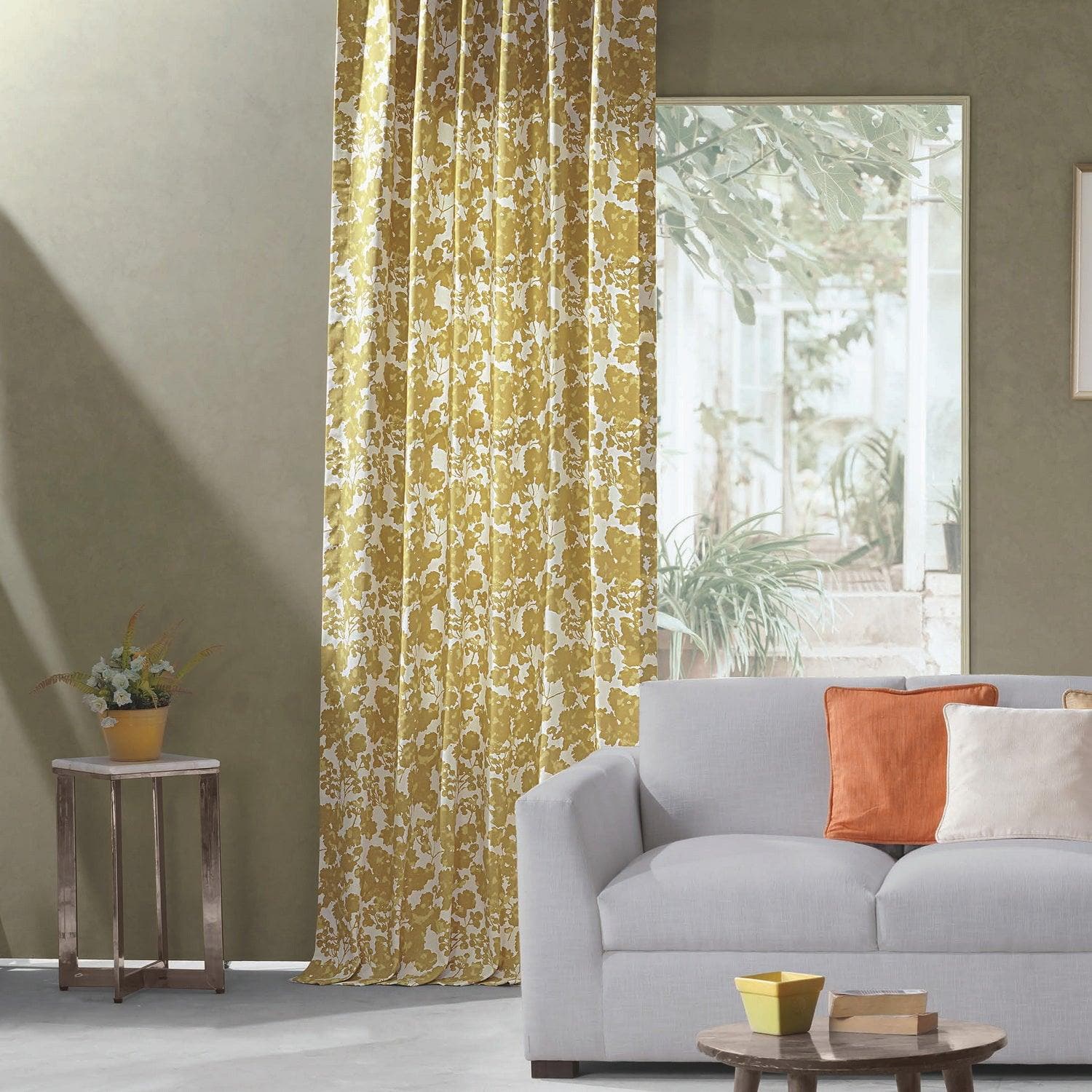 Fleur Gold Floral Printed Cotton Custom Curtains - Elegant Window Treatments for Living Room & Bedroom Decor