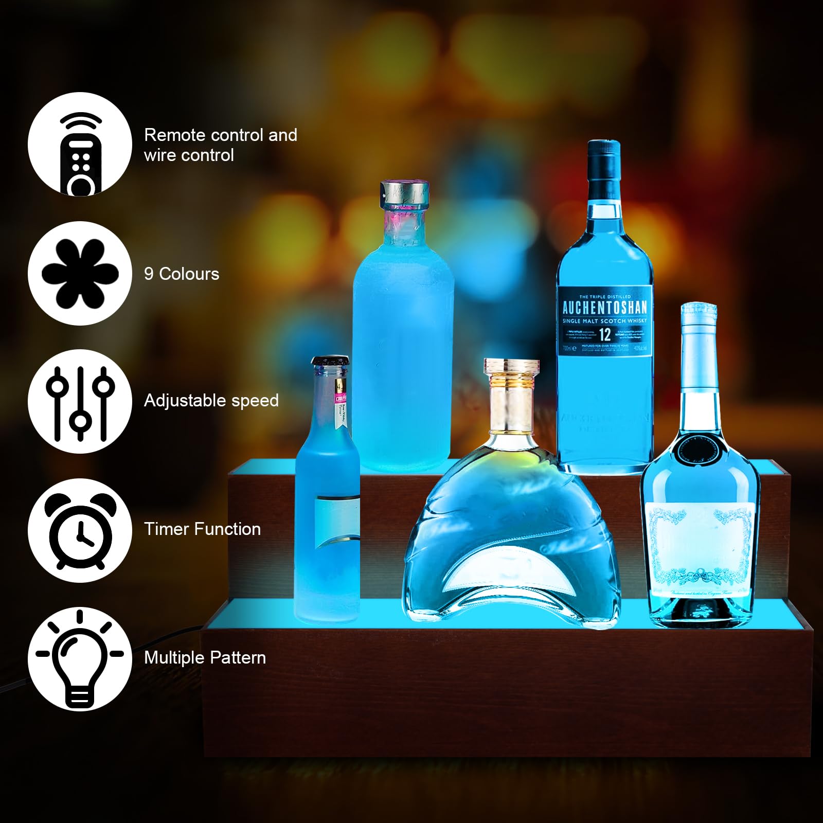 2-Tier LED Liquor Bottle Display Shelf - 16 Inch USB-Powered for Whiskey, Wine & Coffee Bottles - Holds 10 Bottles - Perfect for Bars, Restaurants & Home Decor