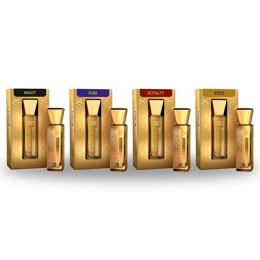PiKSTUDiO 20ml Perfume Set - Night, Pure, Royalty & Gold Eau De Parfum 4-Pack | Luxury Fragrance Gift for Women & Men | Perfect for Date Night, Office & Special Occasions