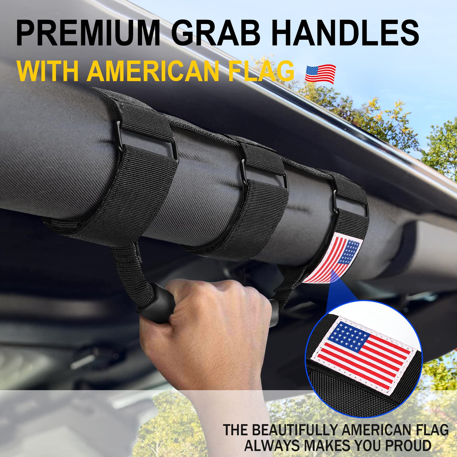 Moveland Roll Bar Grab Handles with American Flag - 2 Pack Heavy Duty Metal Grip Handles for 1955-2023 Jeep Wrangler JL/JK/TJ/YJ & Gladiator Accessories - Reinforced Buckle, Durable Off-Road Upgrade - Perfect for Climbing In/Out & Trail Riding