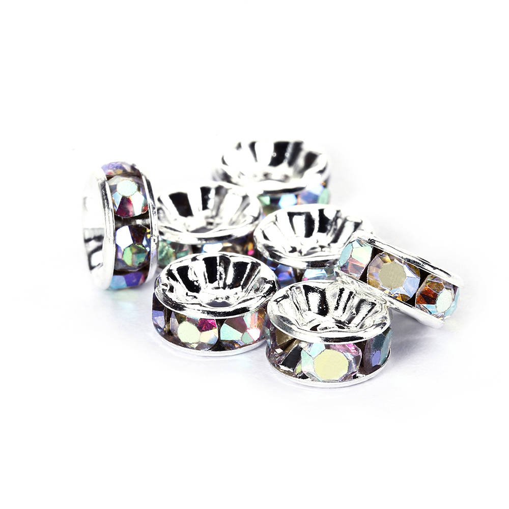 Clear AB Rhinestone Rondelle Spacers Beads - Gold/Silver Tone 4mm 6mm 8mm 10mm (50pcs/Bag) for Jewelry Making, DIY Bracelets, Necklaces & Craft Projects