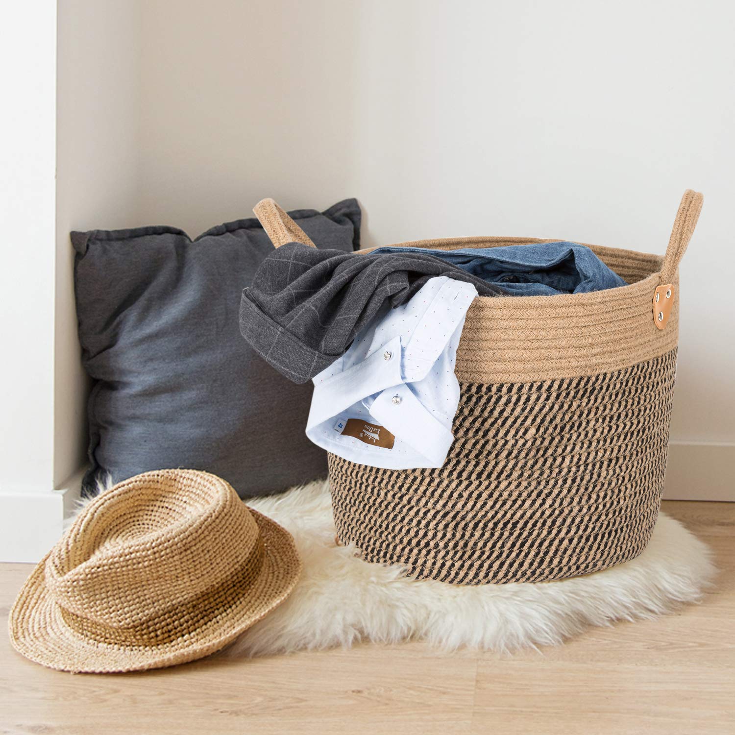 CHICVITA Large Jute Basket with Handles - Natural Woven Storage Baskets Set of 2 for Home Organization, Laundry, Blanket & Toy Storage - Eco-Friendly Decor for Living Room, Bedroom & Nursery
