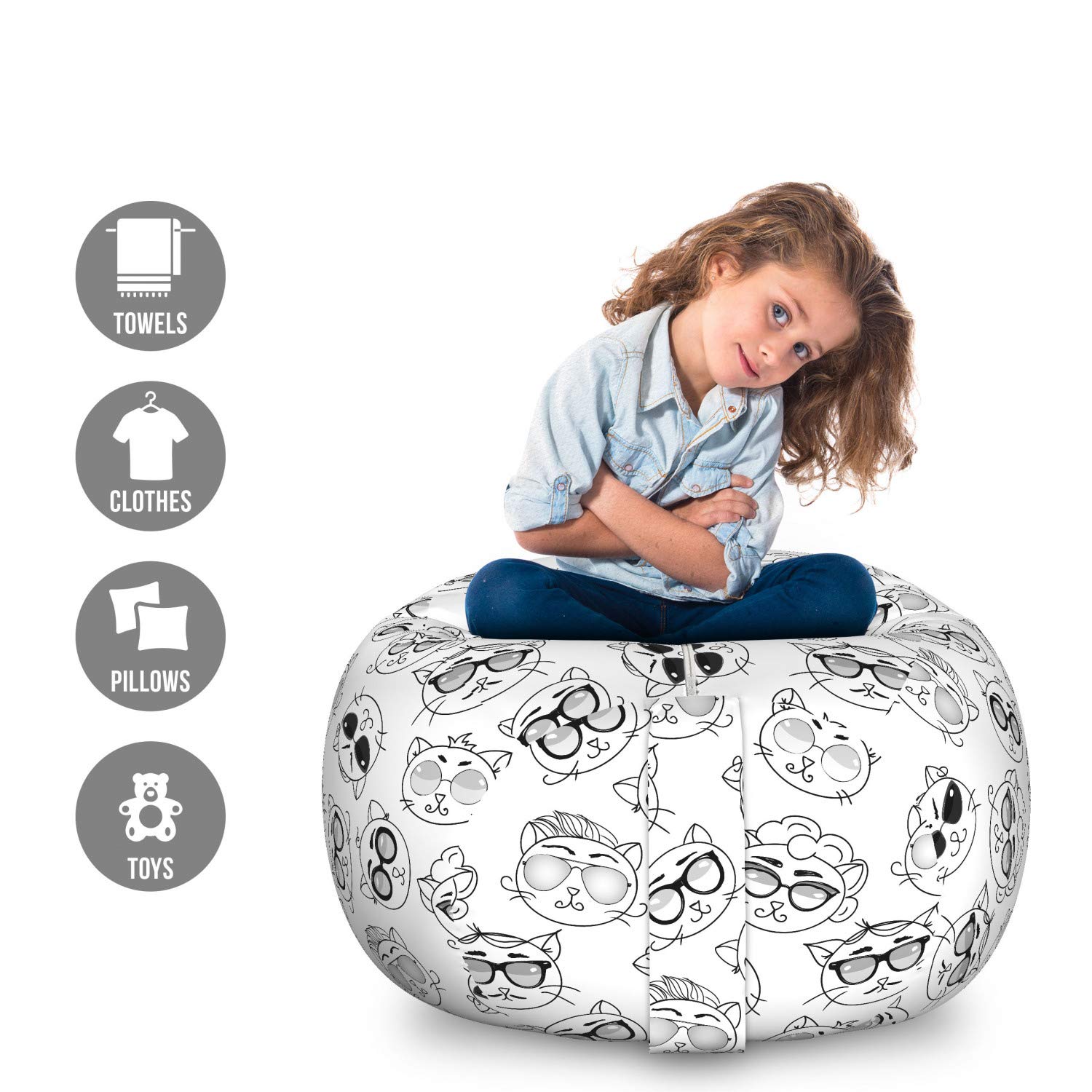 Ambesonne Cat Storage Toy Bag Chair - Large Washable Stuffed Animal Organizer with Cartoon Kittens Sketch Print | Perfect for Kids' Room, Playroom & Pet Toy Storage (Charcoal White)