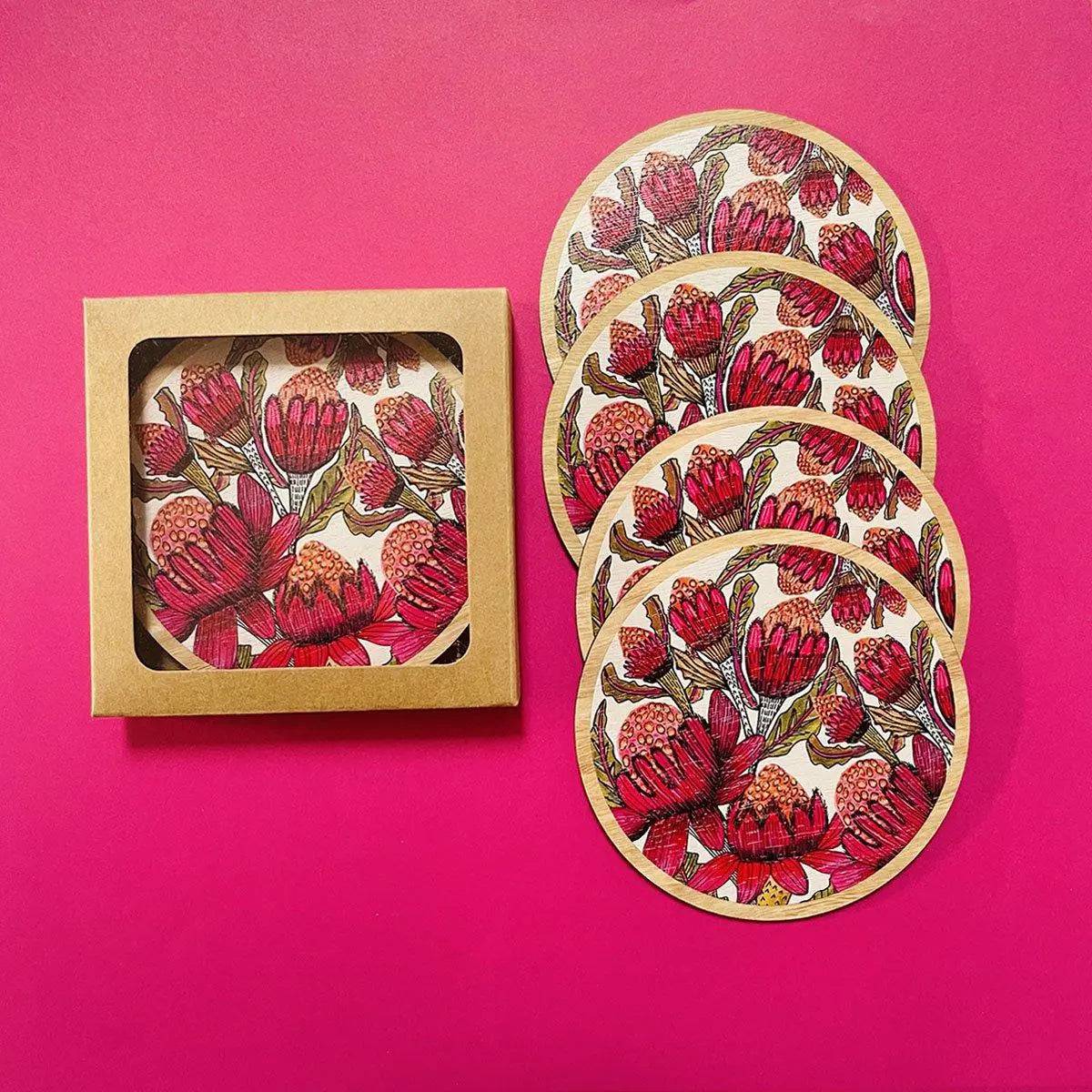 Premium Waratah Flower Wooden Coaster Set - Handcrafted Australian Native Floral Design - Perfect for Home Decor, Coffee Tables & Gift Giving