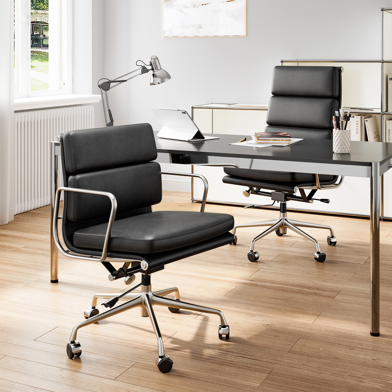 Premium Genuine Leather Office Chair - Mid Back Executive Desk Chair with Lumbar Support, Padded Arms & Smooth-Rolling Wheels - Ergonomic Aluminum Base Rolling Chair for Home Office, Conference Room & Workspace - Modern Black Leather Computer Chair for Professionals