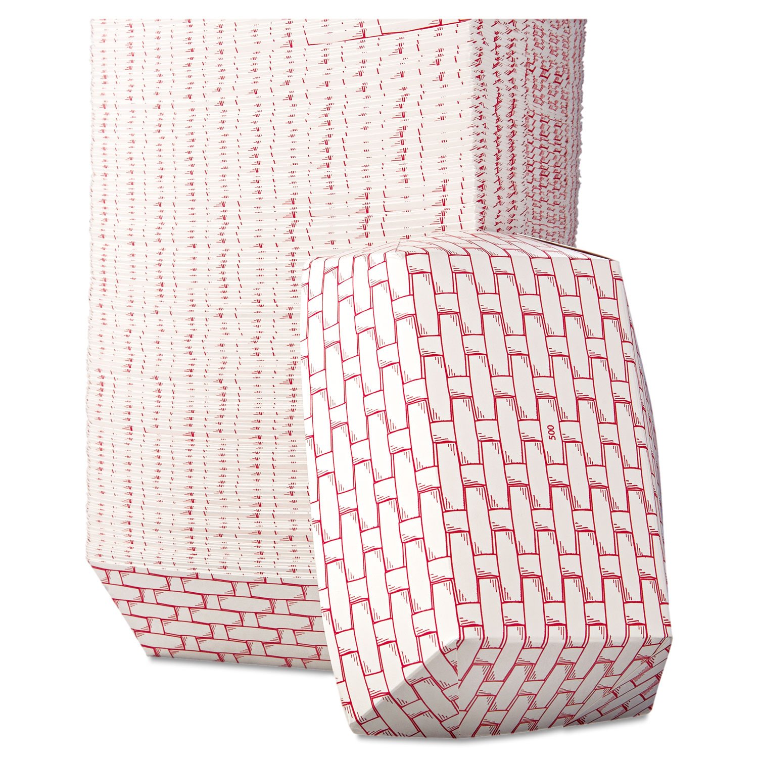 Boardwalk 30LAG500 5lb Capacity Red & White Paper Food Baskets - 500/Carton (BWK30LAG500) for Takeout, Picnics, and Fast Food Service