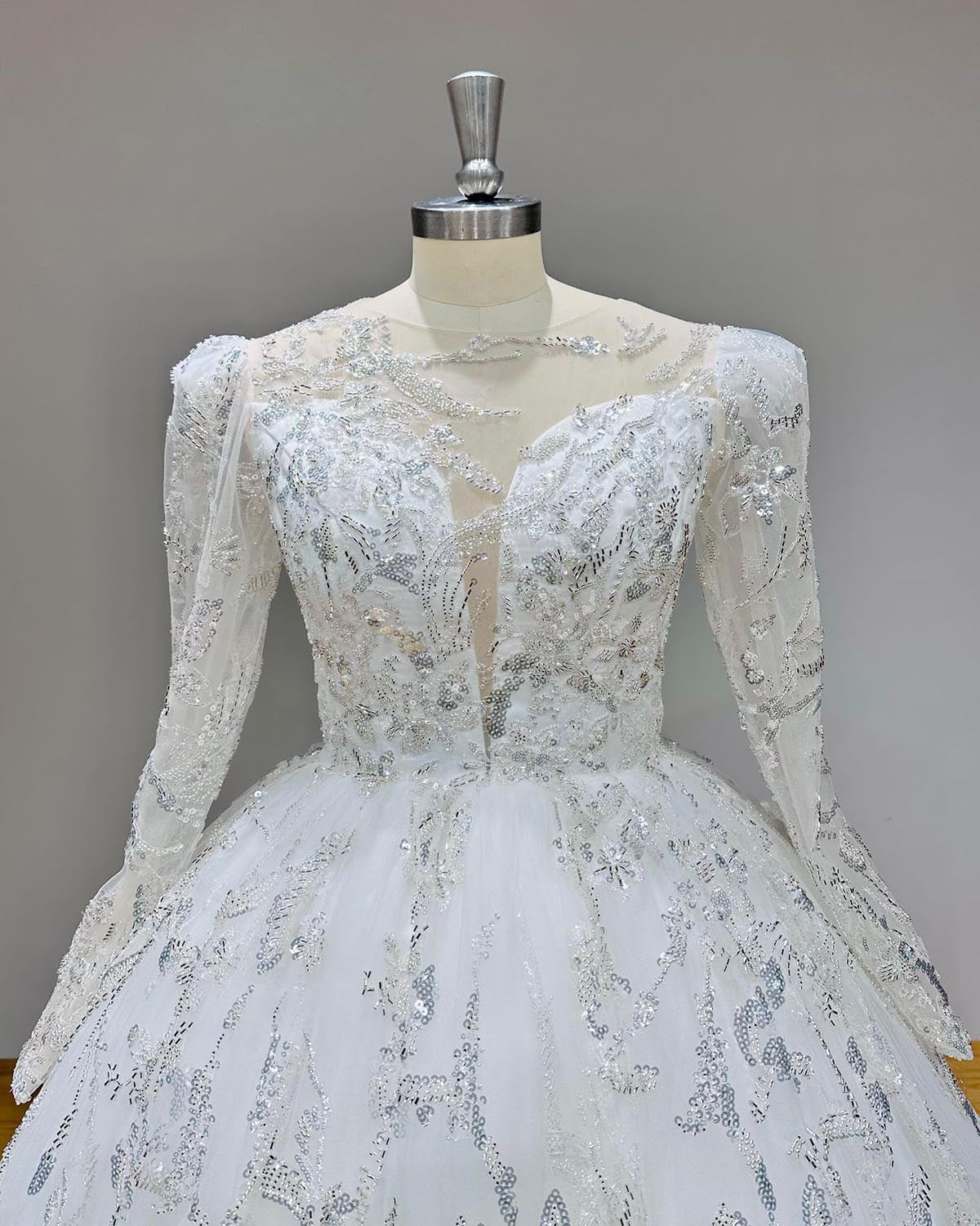 Elegant Long Sleeve Ball Gown Wedding Dress with Illusion Back - Perfect for Bridal, Formal Events & Evening Galas