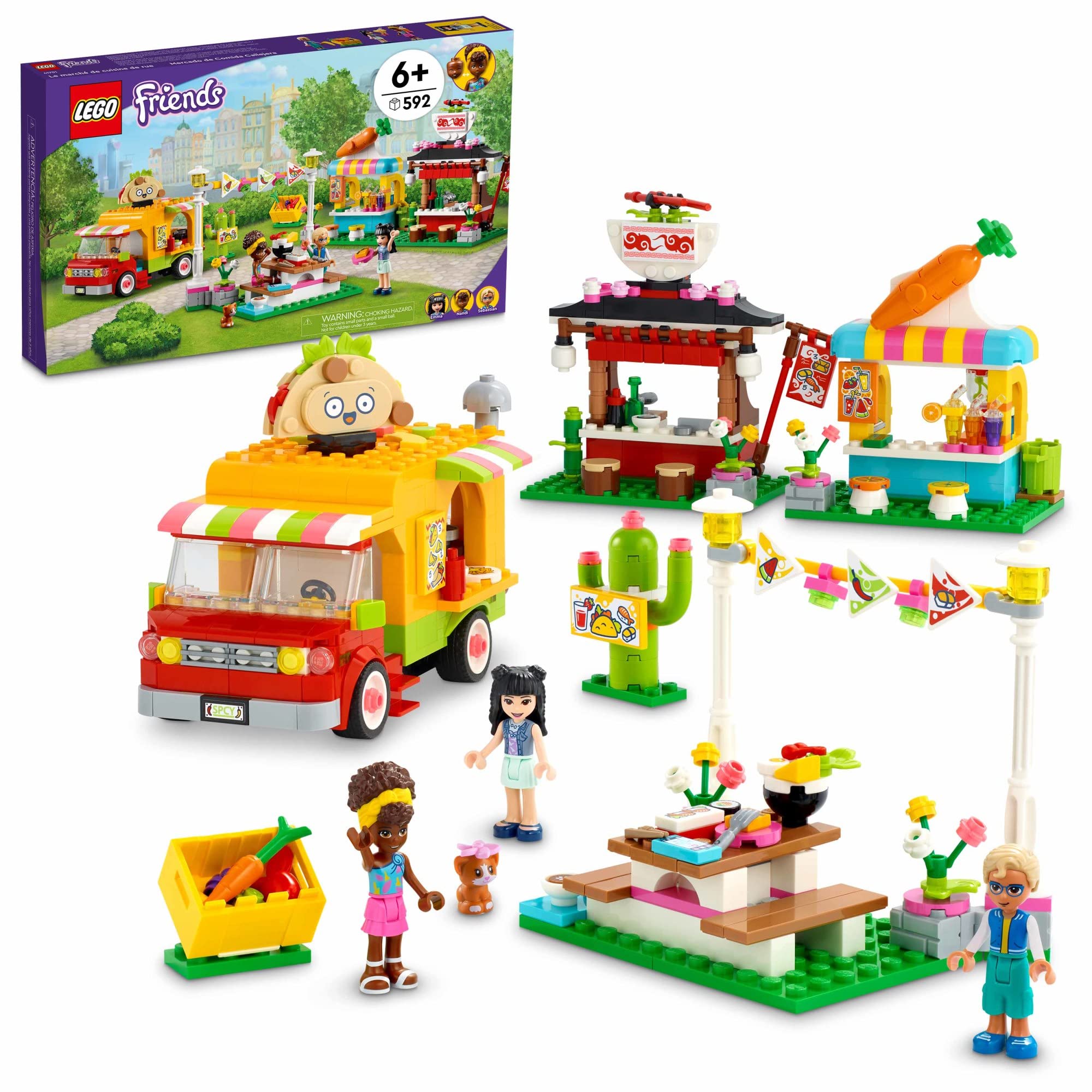 LEGO Friends Street Food Market 41701 Building Toy Set - 592 Pieces with Emma & Kitten Figures | Creative Food Play Kit for Kids Ages 6+ | Perfect Birthday Gift for Girls & Boys | Great for Imaginative Play, Role-Playing & Family Bonding Activities