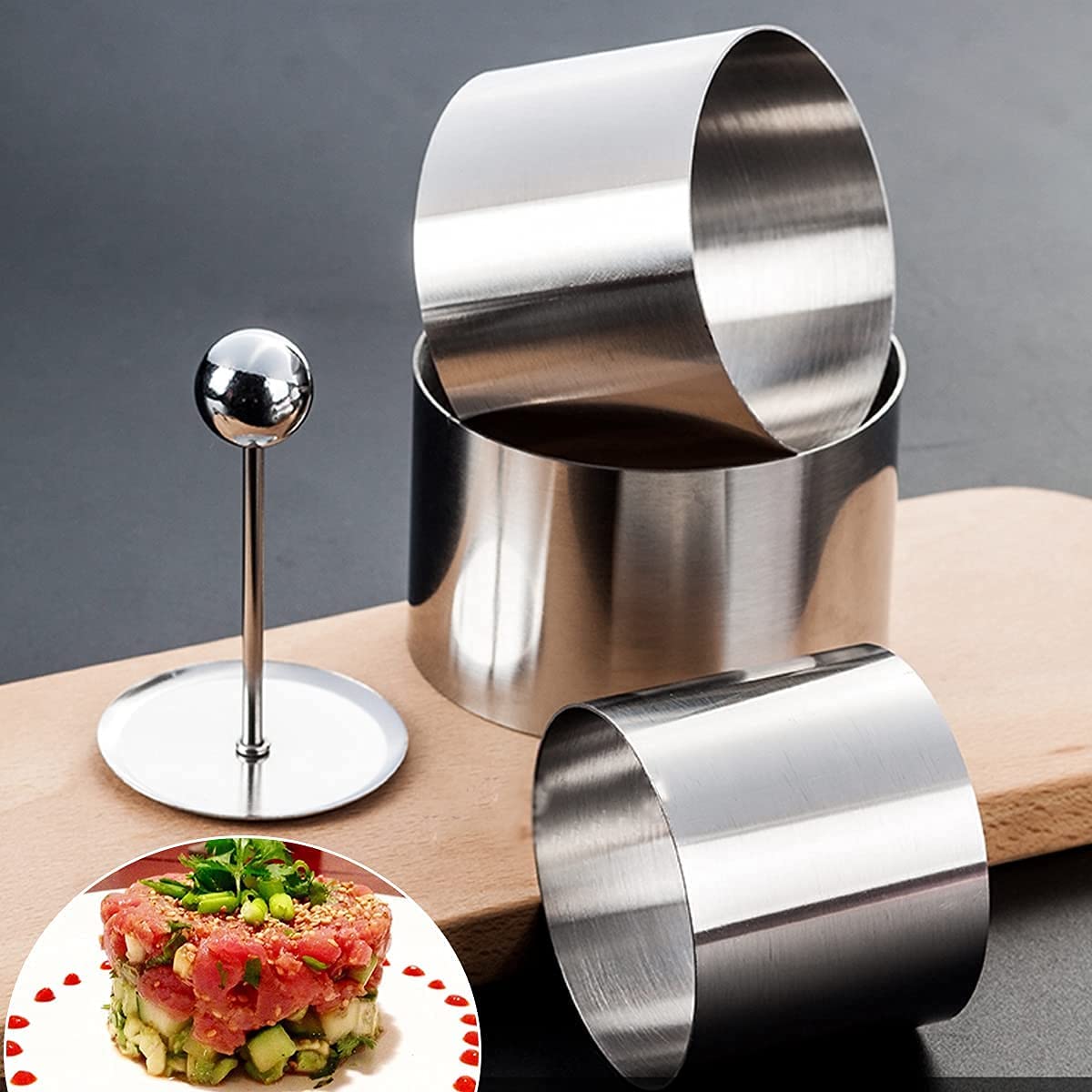 KiNeX 3-Piece Round Cake Ring Set with Pusher - Non-Stick Stainless Steel Baking Molds for Cakes, Crumpets, Eggs, Pastry & Mousse Desserts - Perfect for Home Baking, Pastry Shops & Cooking Classes