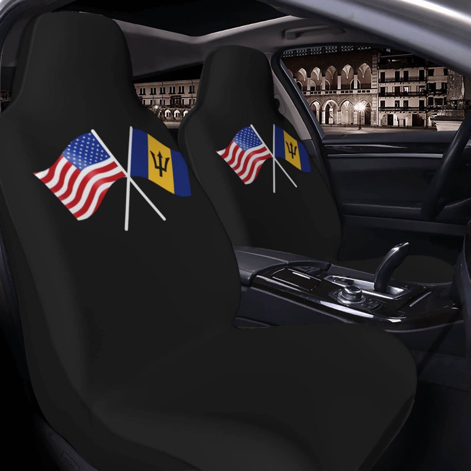 OKLRYNBV American & Barbados Flag Car Seat Covers (2-Piece Set) - Universal Fit for Most Vehicles - Perfect for Patriotic Drivers, Road Trips & Car Decor