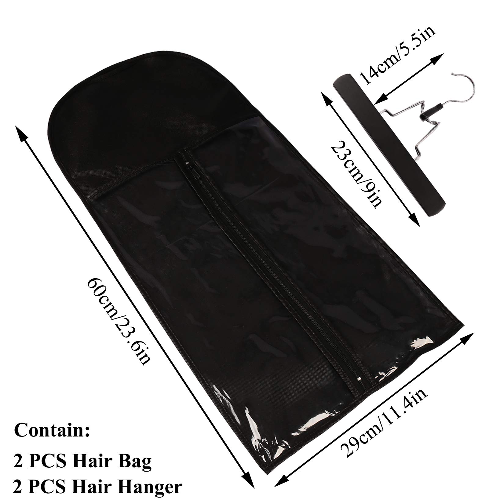 2 PCS Hair Extensions Storage Bags with Wooden Hanger - Dustproof Portable Wig Organizer for Synthetic & Human Hair - Durable Zipper Closure - Perfect for Travel, Salon & Home Storage (Black)