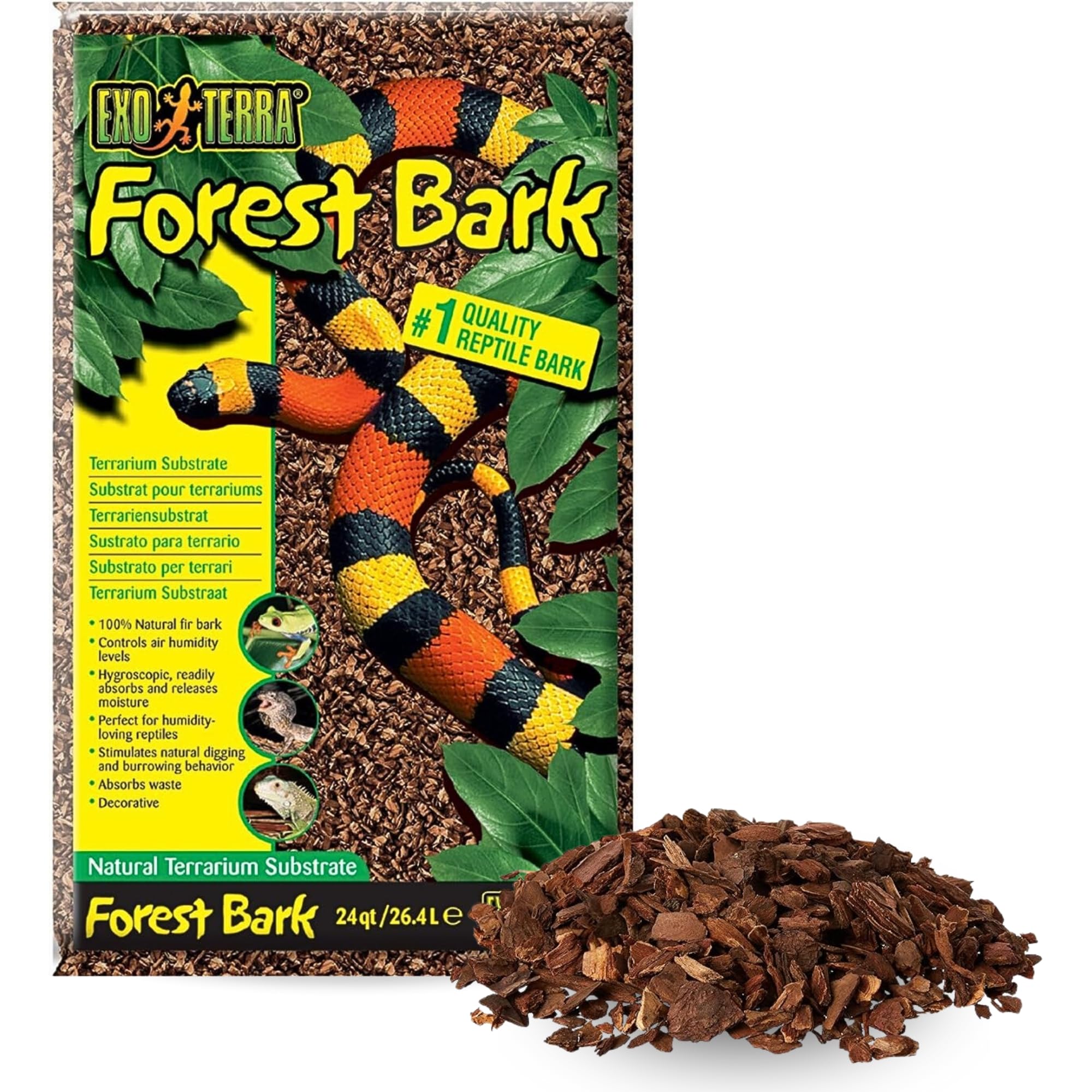 Exo Terra Forest Bark Natural Terrarium Substrate for Reptiles - 24 Quarts (PT2754) | 100% Natural Fir Bark with Hygroscopic Moisture Control | Ideal for Humidity-Loving Reptiles like Frogs & Snakes | Encourages Natural Digging Behavior | Perfect for Tropical Terrariums & Bioactive Setups