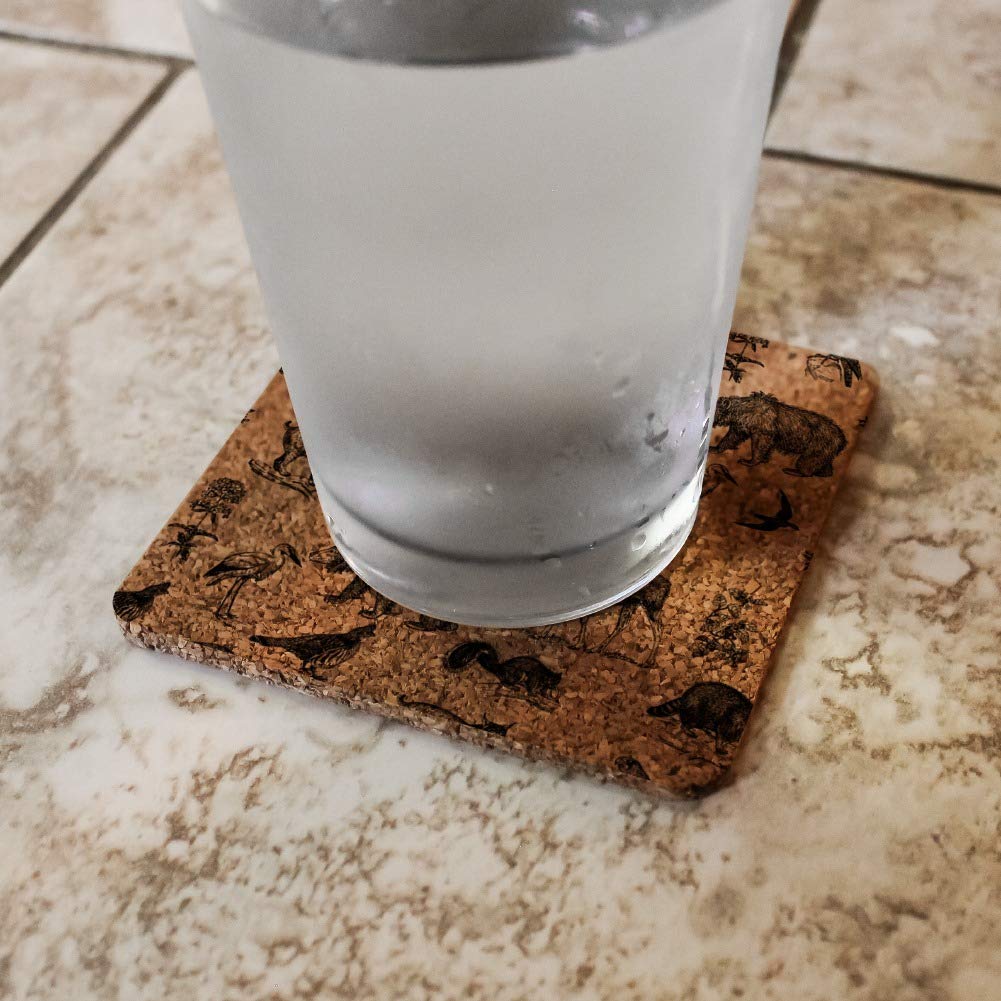 Forest Animals Pattern Cork Coaster Set - Moose, Bear, Wolf, Raccoon & Birds Design - Low Profile Drink Coasters for Home, Office or Cabin Decor