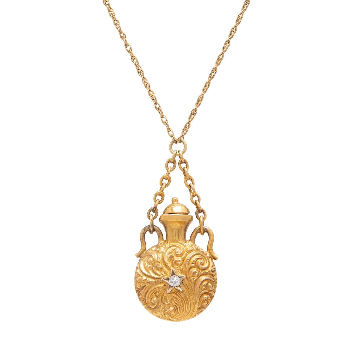 14K Gold Victorian Diamond Repoussé Vinaigrette Pendant Necklace - Antique Jewelry for Women, Gift for Her, Perfect for Weddings & Special Occasions