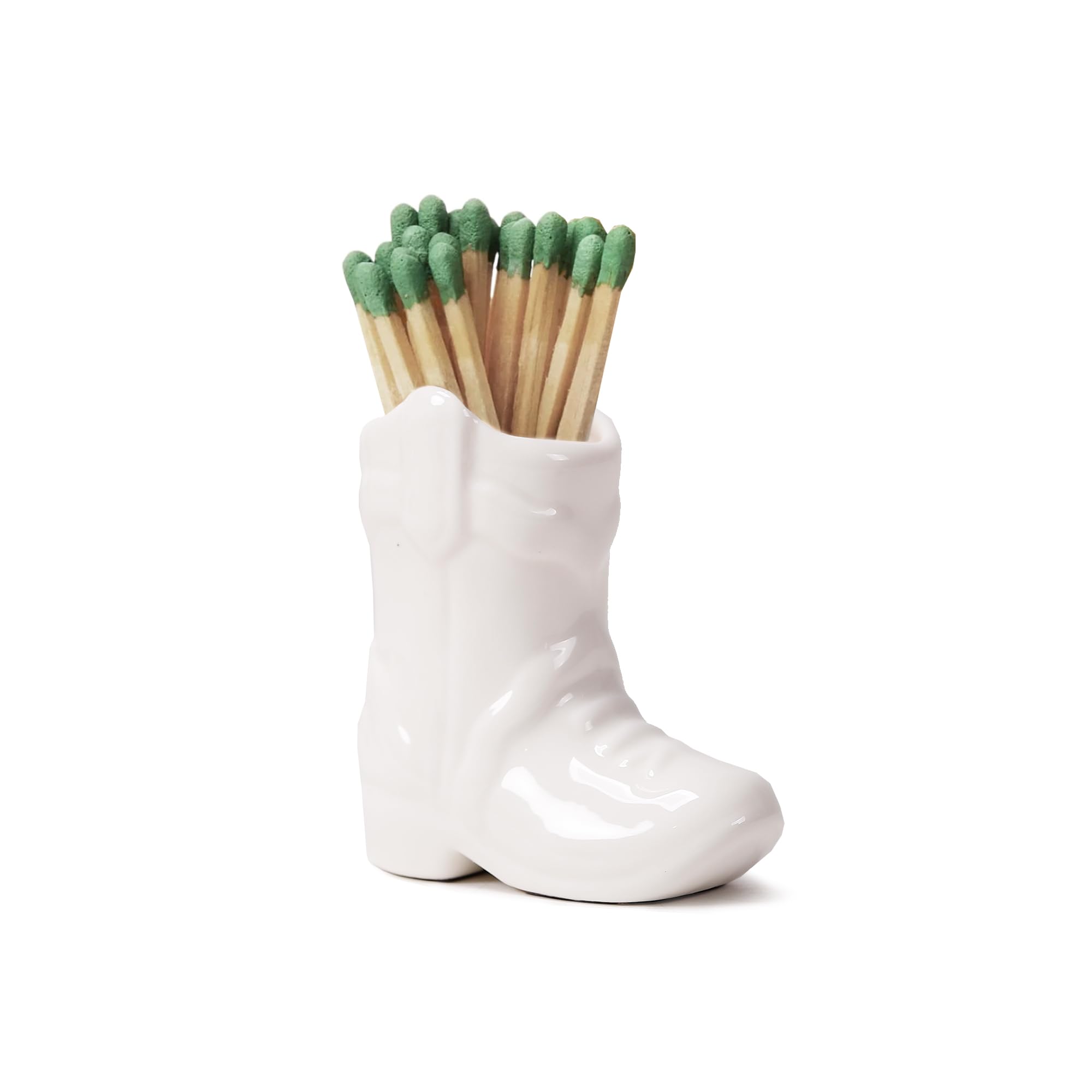 Cowboy Boot Ceramic Match Holder with Striker - Glossy White Home Decor for Western Style & Rustic Themed Rooms - Perfect for Fireplaces, Candles, and Outdoor Camping