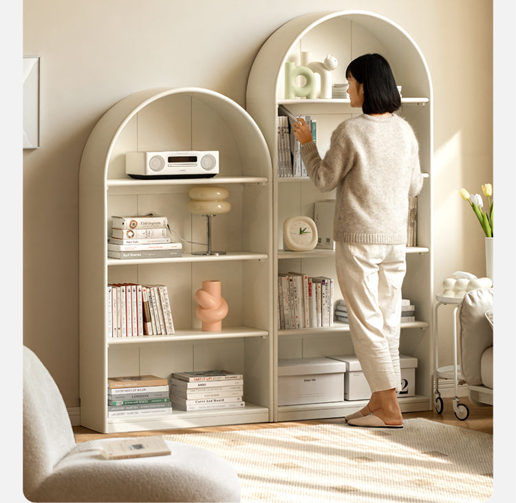 Solid Poplar Wood Arch Bookcase - Display Cabinet & Bookshelf in Cream for Living Room, Bedroom & Office Storage