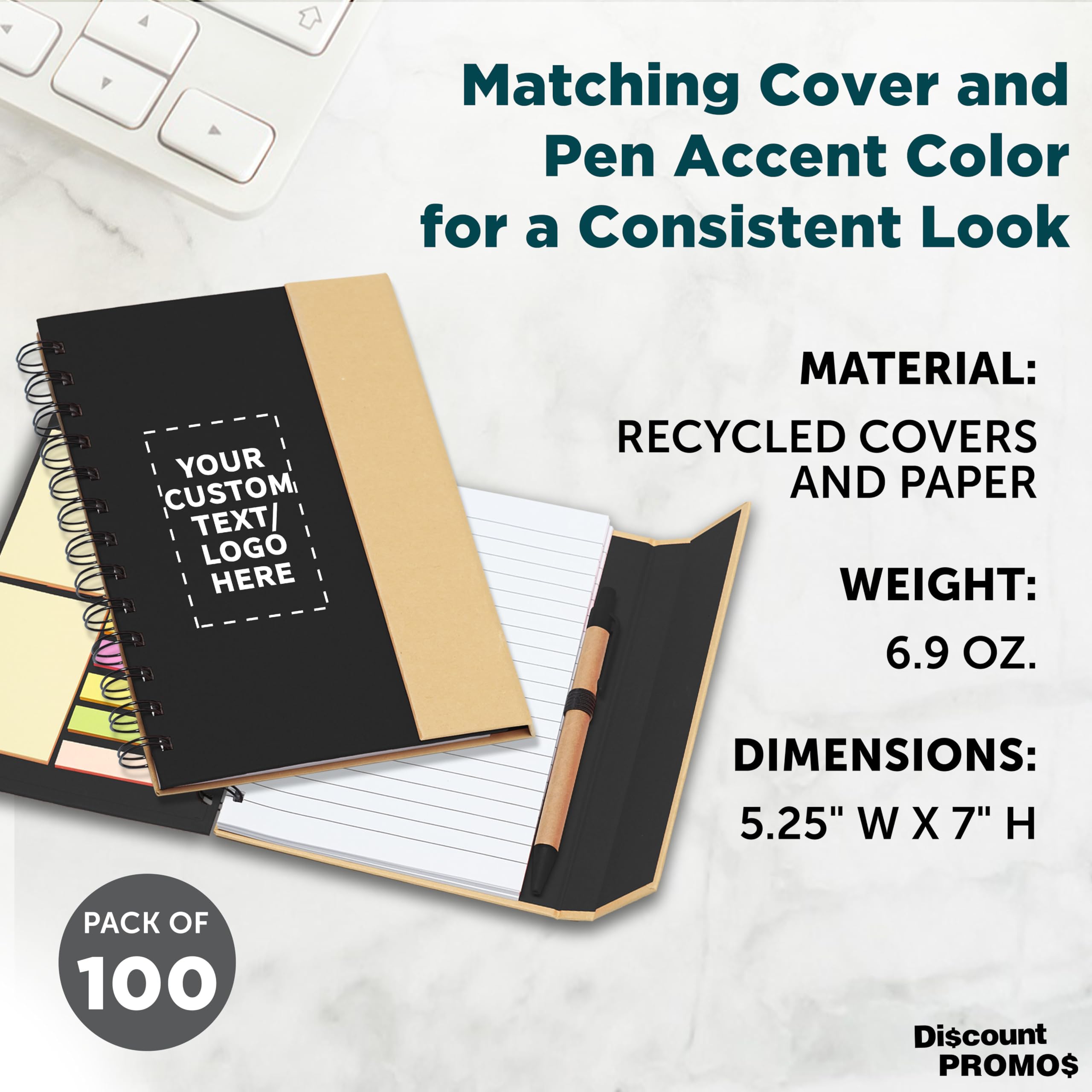 Custom Eco-Friendly Spiral Notebooks with Pens - 100-Pack Bulk Set, Personalized for School, Office & Home Use - Black | Perfect for Students, Professionals & Gift Giving