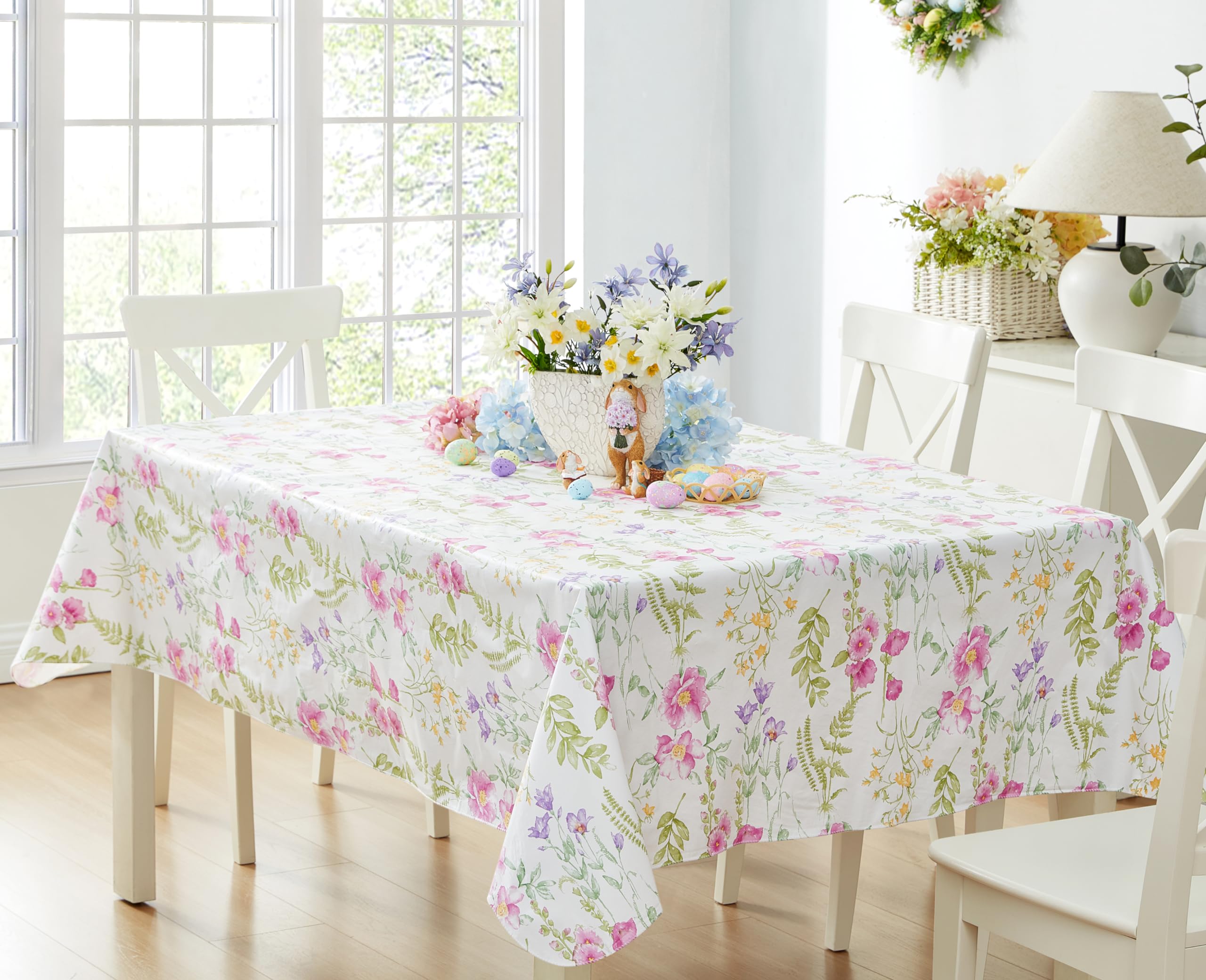 Newbridge Easter Wildflower Fields Floral Vinyl Flannel Backed Tablecloth - 52 x 70 Inch Rectangle, Pink Purple Wild Flowers, Easy Care Waterproof Table Cover for Holiday Parties, Easter Decorations & Spring Dining